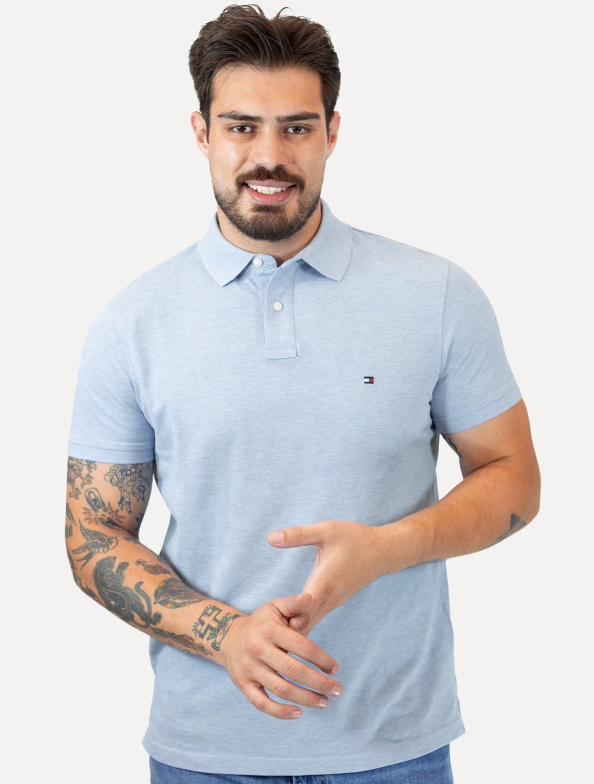 Vista principal Polo Tommy Hilfiger Masculina Regular Piquet 1985 Claro Mescla Tommy Hilfiger azul