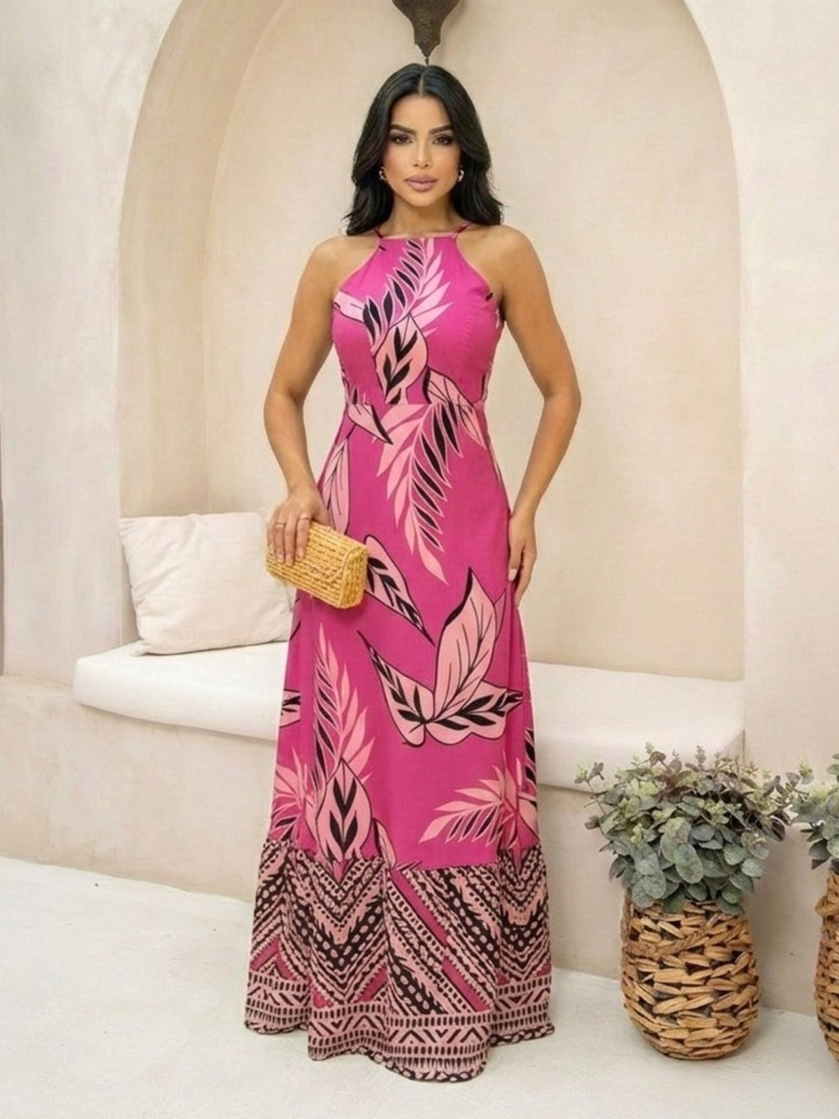 Vista 2 Vestido Longo Floral Folhas Frente Unica Verão Summer Tecido Fresco REF: Flavia FS CONCEPT rosa