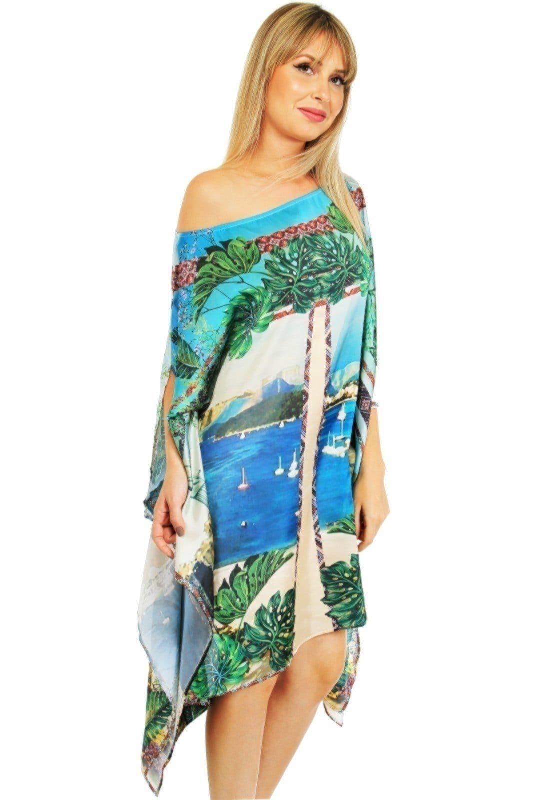 Vista 2 Vestido Kaftan Amplo Cetim Estampado Exclusivo Verde 101 Resort Wear azul/multicolorido/verde verde