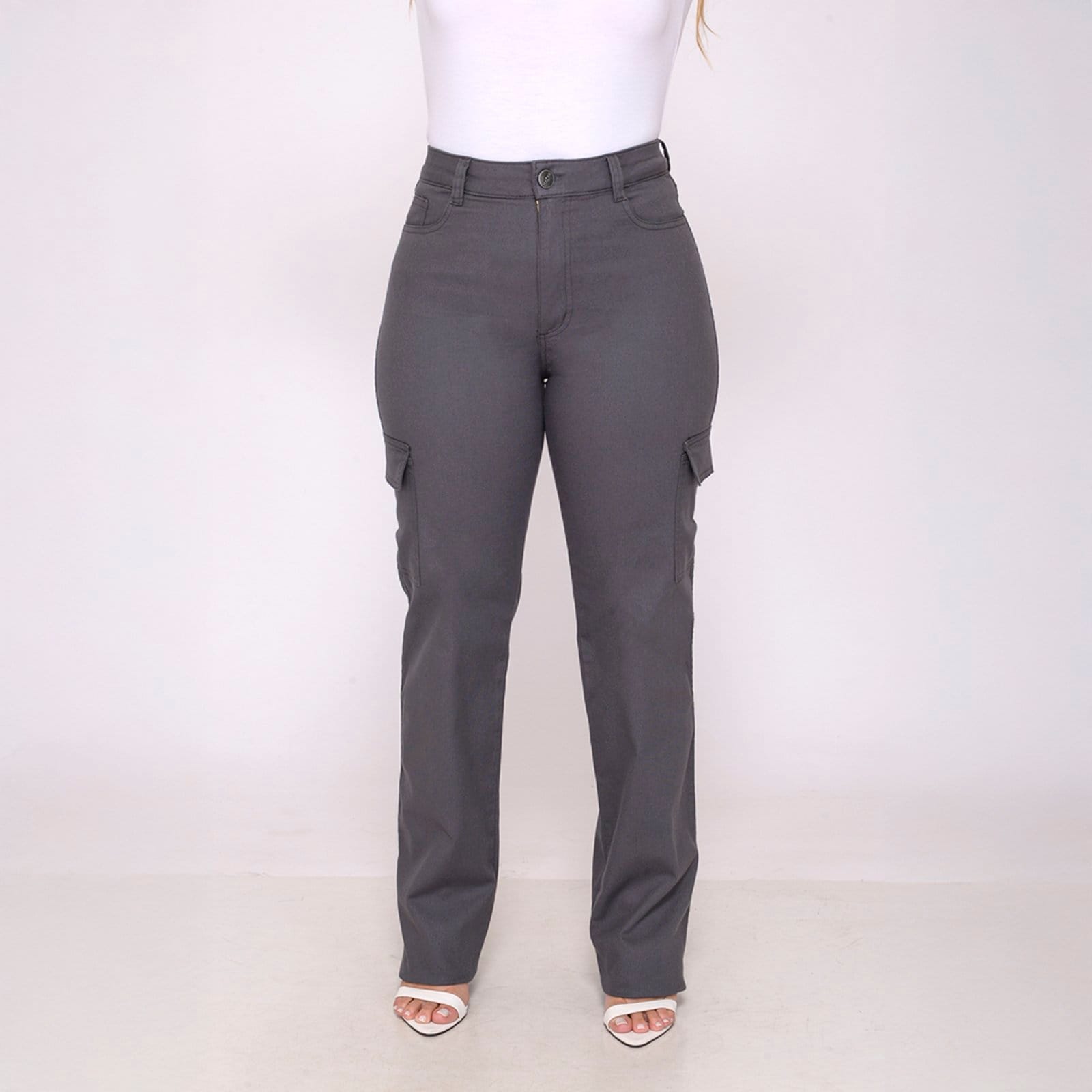 Vista 2 Calça Sarja Cargo Feminina Elastano Cintura Alta Chumbo Macaw cinza/grafite