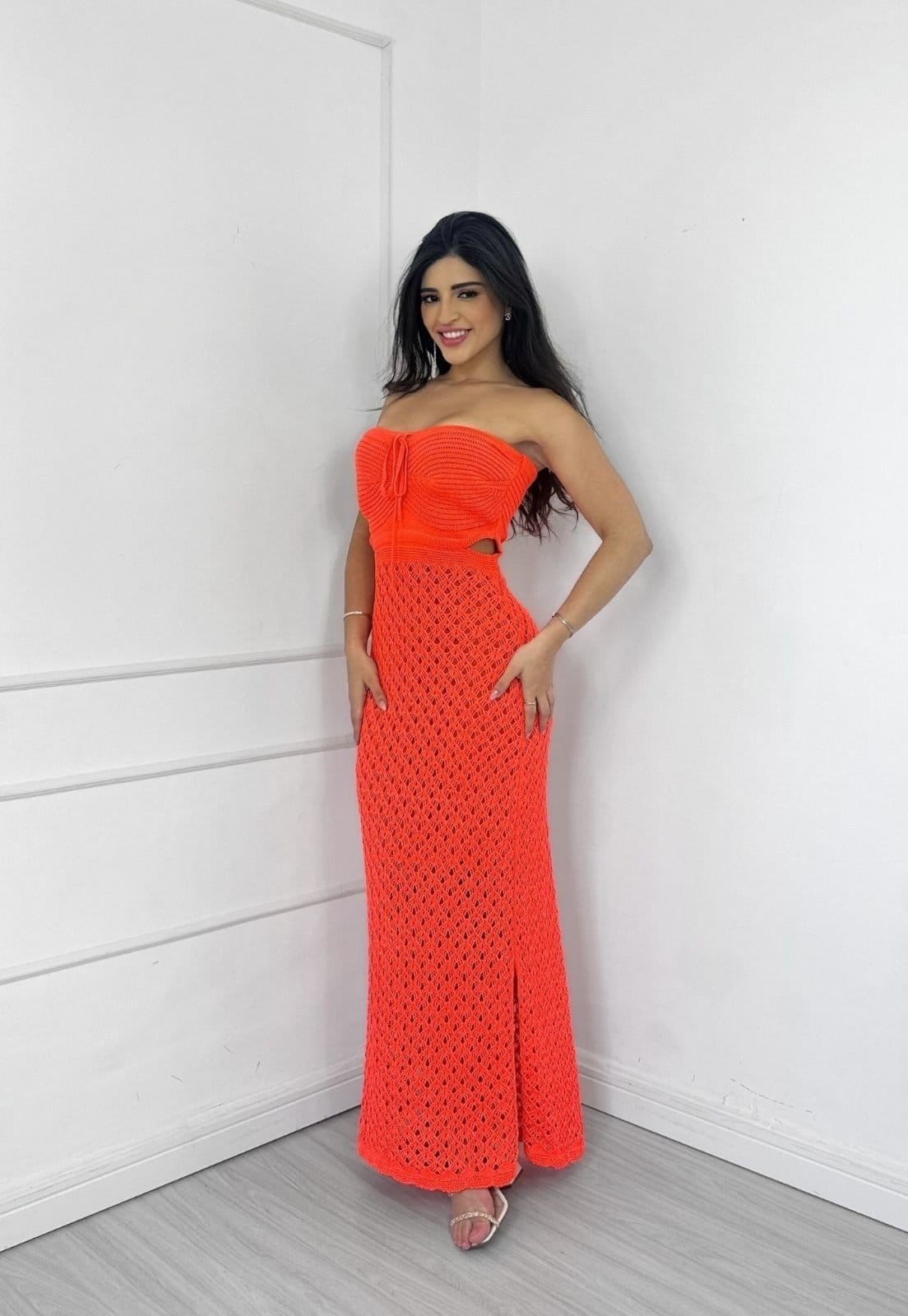 Vestido Longo Tricôt Tomara que caia Abertura Lateral Benessi