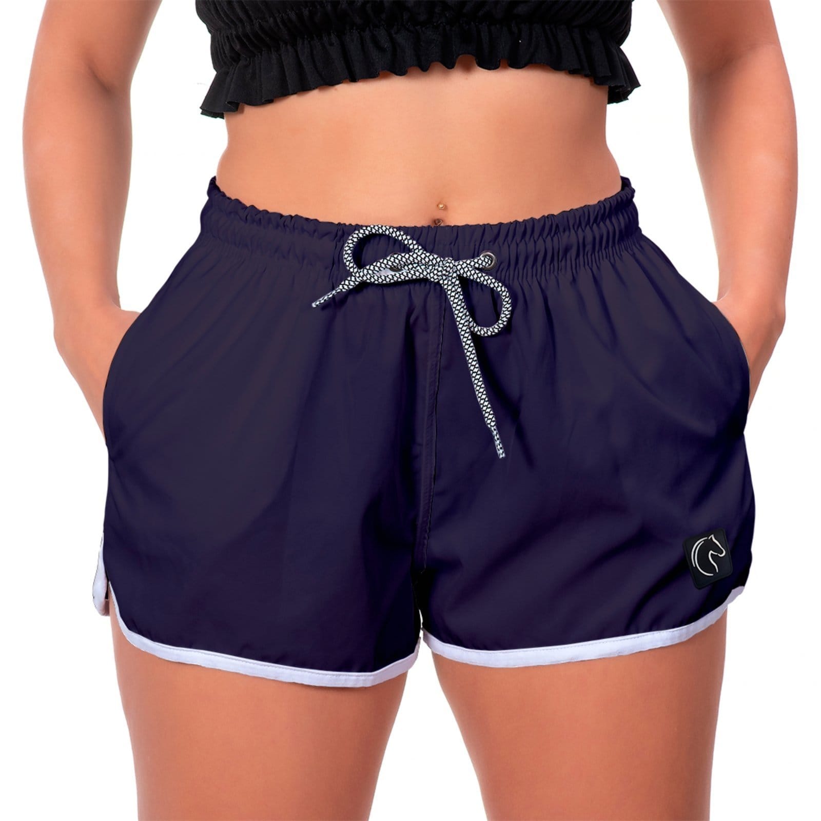 Vista 2 Kit 2 Shorts Feminino Premium Secagem Rápida com Elástico Cordão Ajustável e Bolsos Moda Praia Casual ou Treino Academia Marinho e Listrado Rosa W2 STORE azul/azul marinho/branco/rosa azul