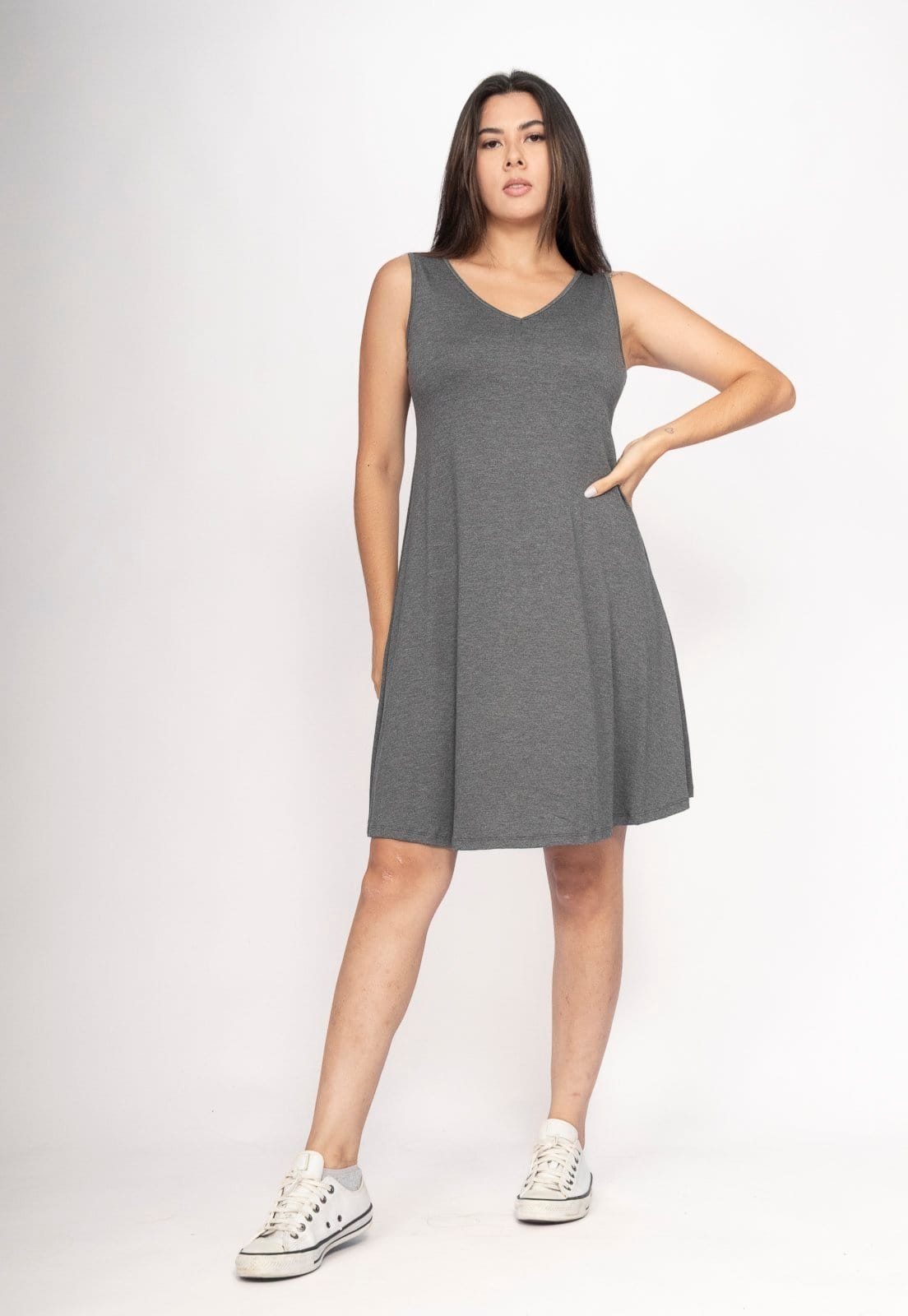 Vista principal Vestido CabanaFree Amana Curto Regata Malha Mescla Cabanafree cinza