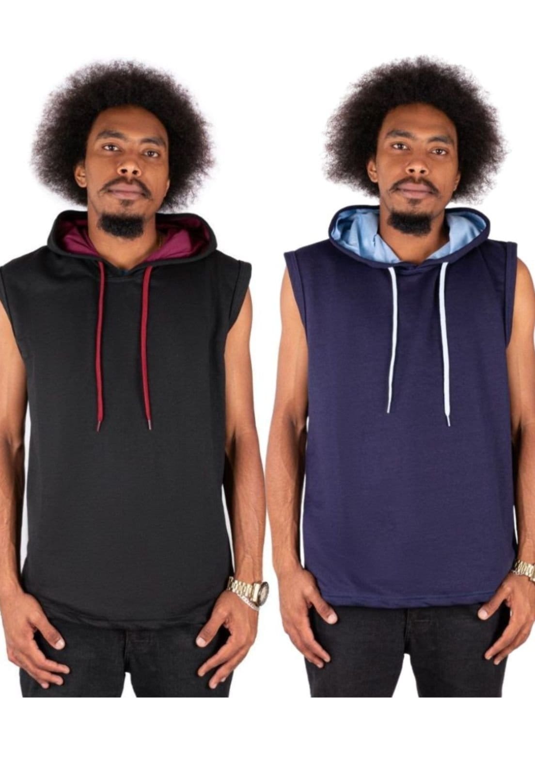 Vista principal Kit 2 Blusas Regata De Moletom Cavada Com Touca Fechado Liso Relaxado azul marinho/preto