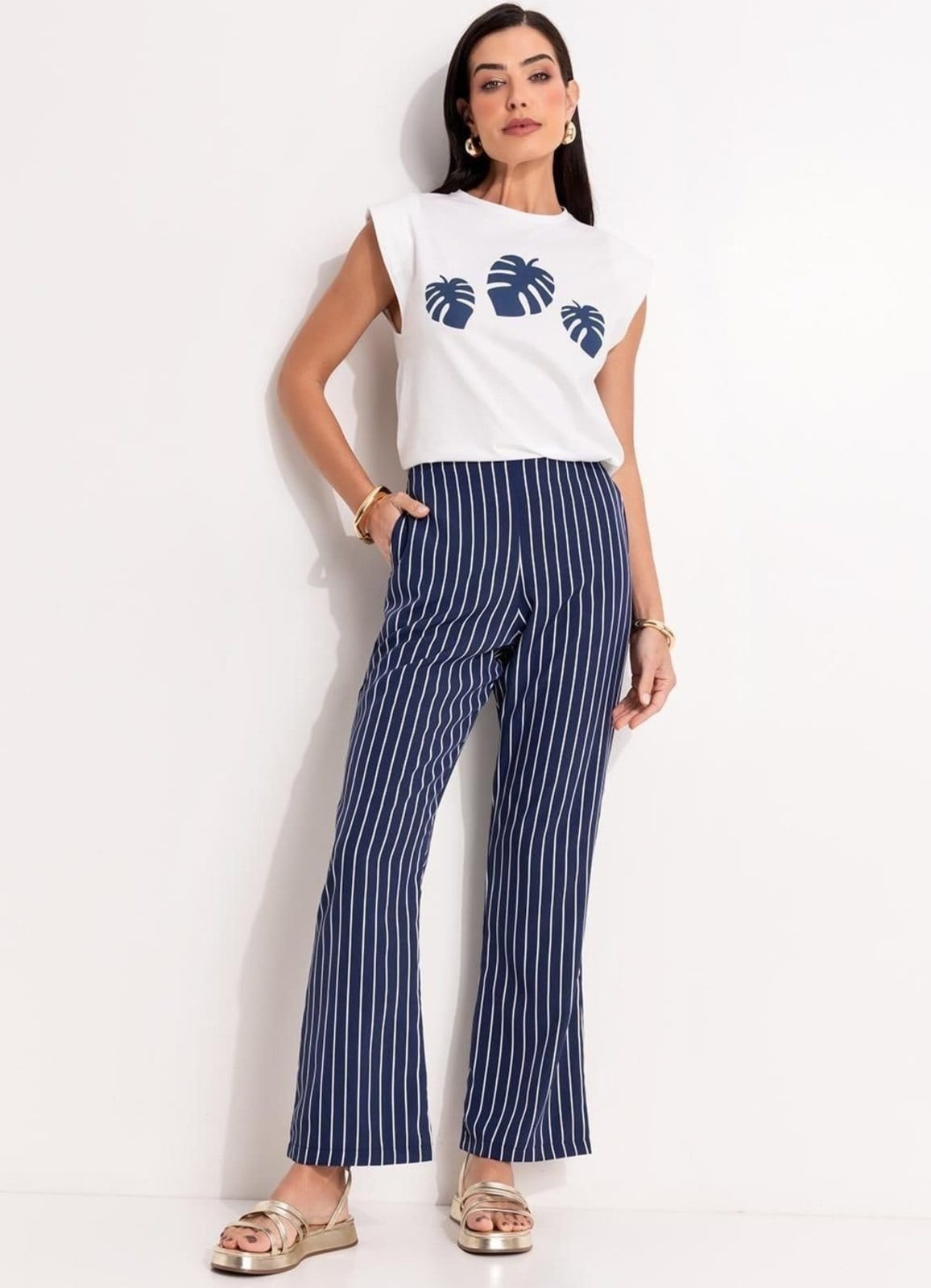 Vista 2 Calça Em Tecido De Poliéster Quintess Listrado Marinho Quintess azul