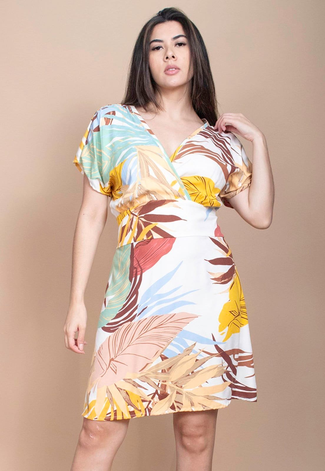 Vista 2 Vestido Cabanafree Curto Pataxô Viscose Mullet Decote V Estampa Aurora Suave Cabanafree amarelo/azul/estampado/off-white/verde