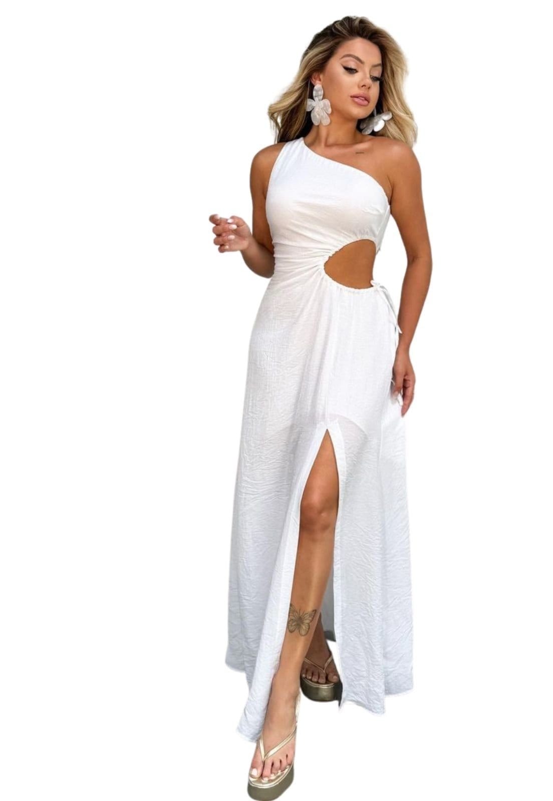 Vista principal Vestido Longo 1 Ombro Abertura Lateral Yaly Noivado Casamento Civil Cia do Vestido branco