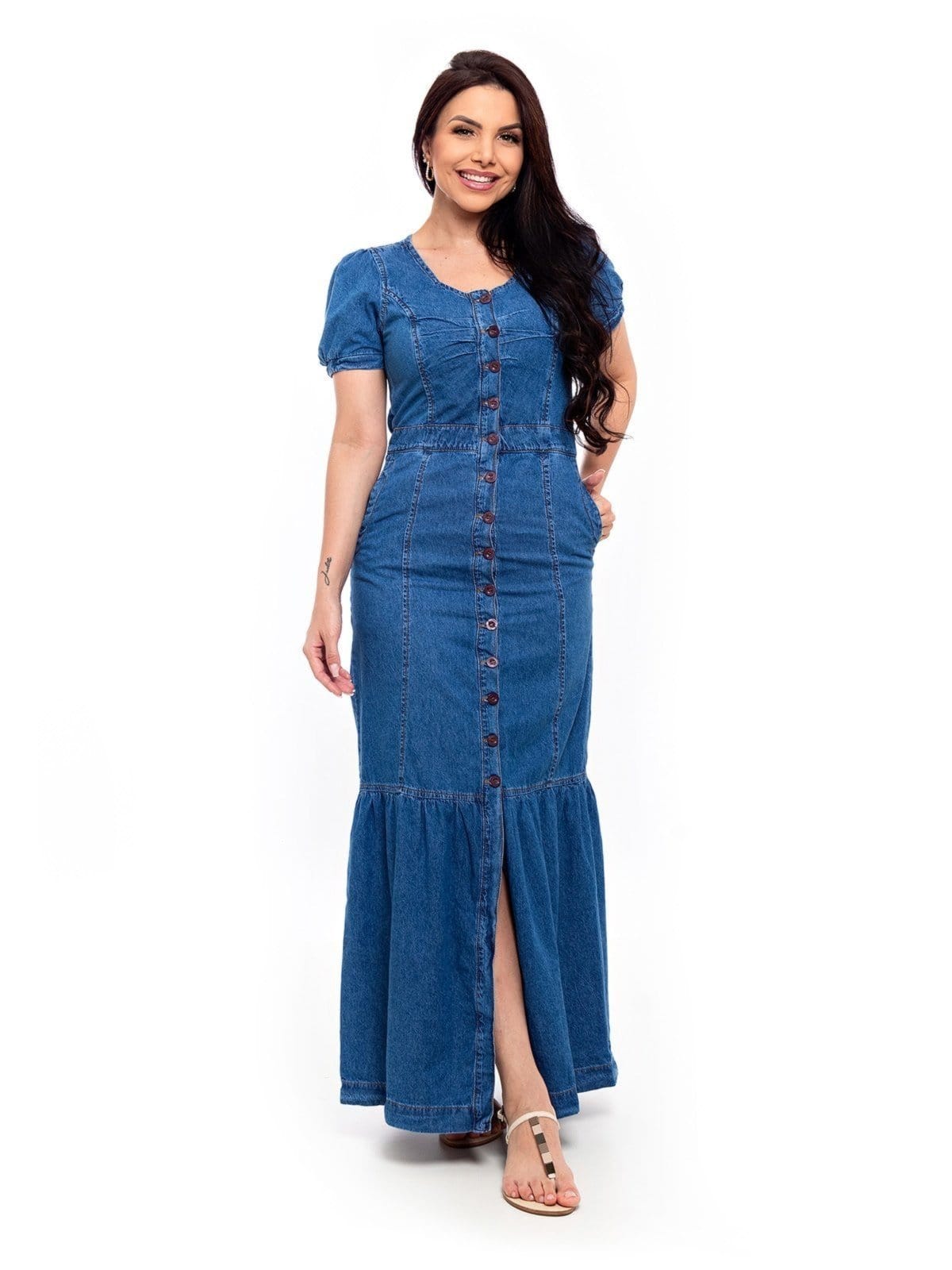 Vista principal Vestido Restrito Jeans Longo Com Recortes médio Restrito Jeans azul