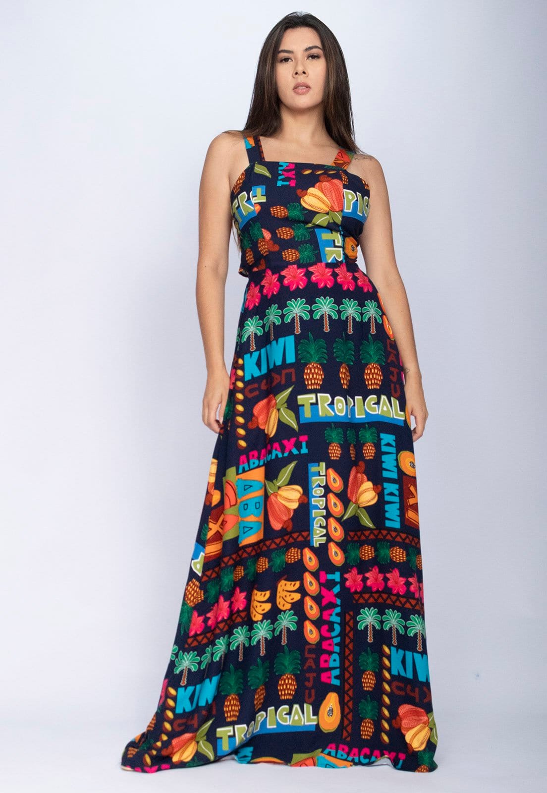 Vestido Amazônia Vital Regata Longo Estampa Frutas do Brasil Blue