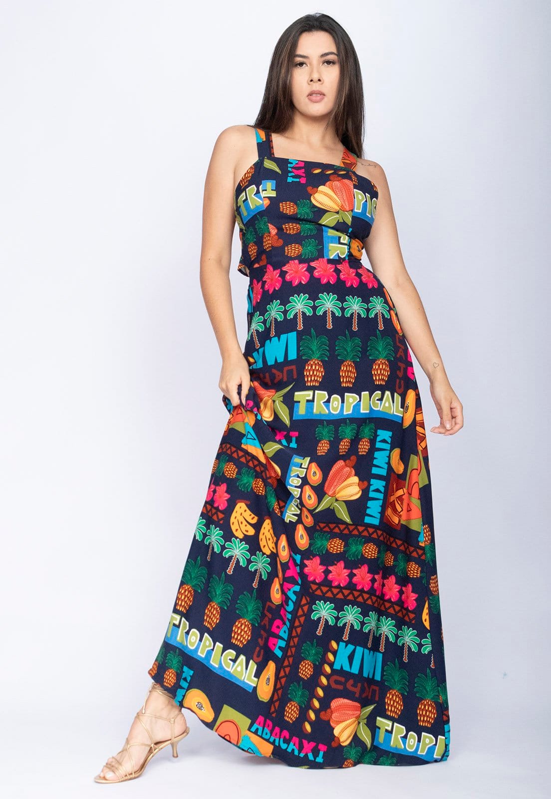 Vista 2 Vestido Amazônia Vital Regata Longo Estampa Frutas do Brasil Blue Amazonia Vital azul/estampado blue