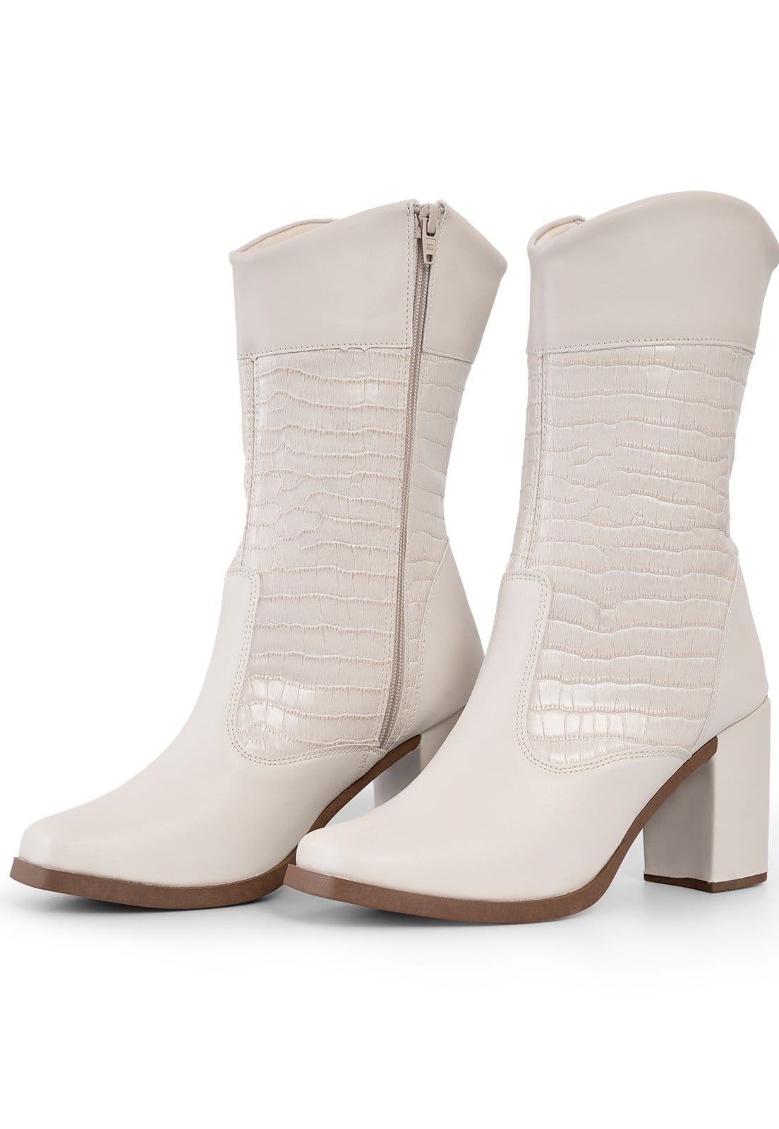 Vista 2 Bota Cano Médio Feminina Lumiss Salto Bloco Alto Grosso Confortável Blogueira Croco Off White LUMISS off-white white