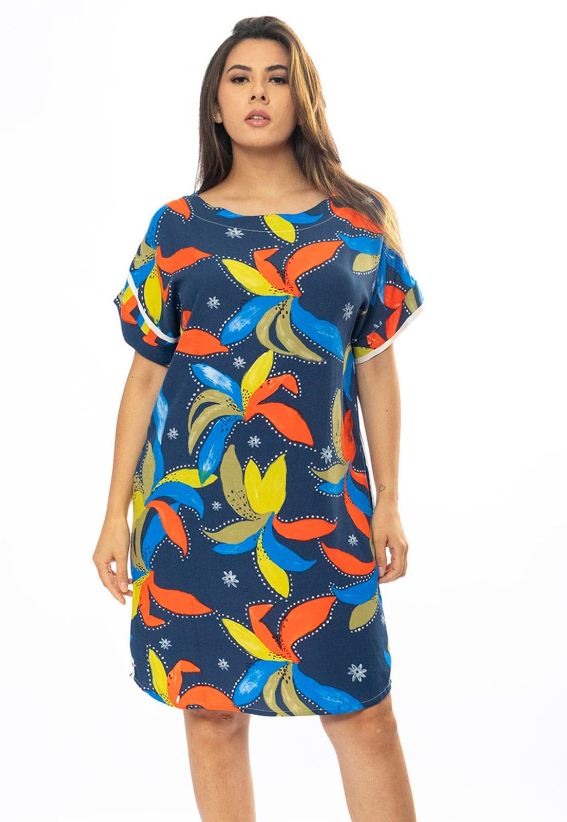 Vista principal Vestido Curto Cabanafree Viscose com Bolso Estampa Maré Vibrante Cabanafree amarelo/estampado/laranja/verde