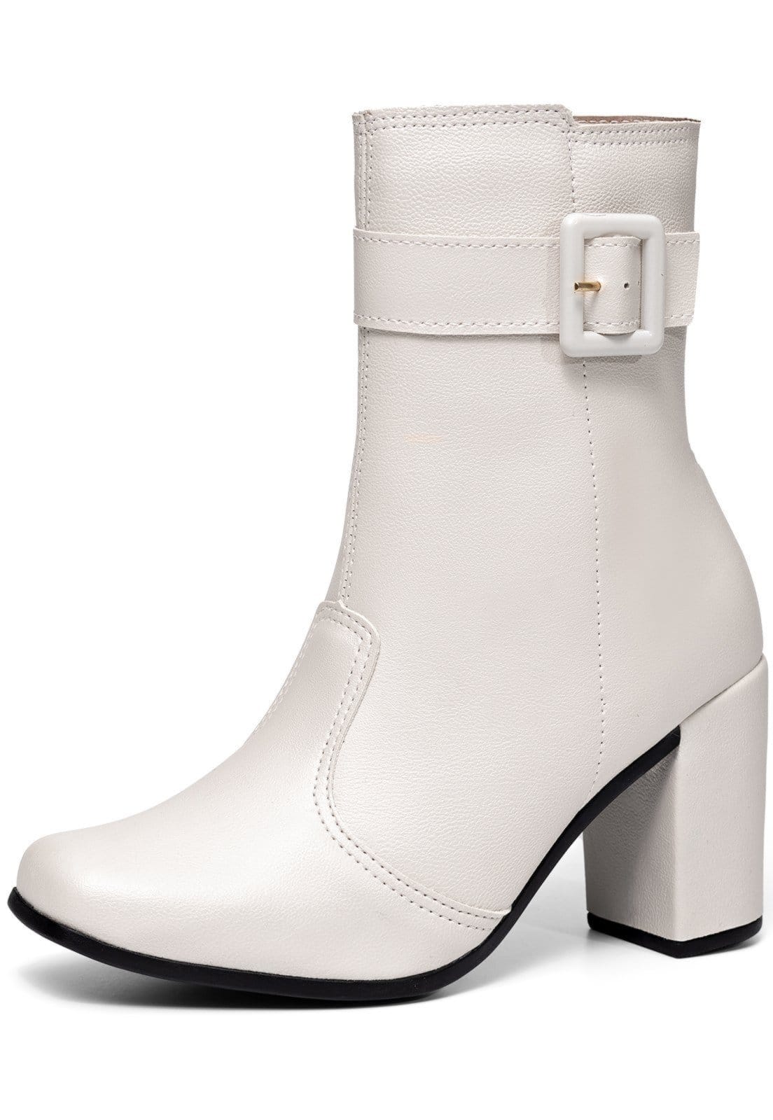 Bota Feminina Lumiss Confortável Cano Médio Salto Alto Bloco Fivela Bico Quadrado Off White