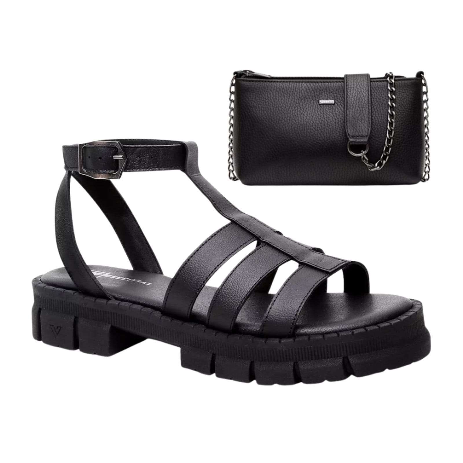 Vista principal Kit Sandália e Bolsa Feminina Vittal Couro Legítimo Preta USE VITTAL grafite