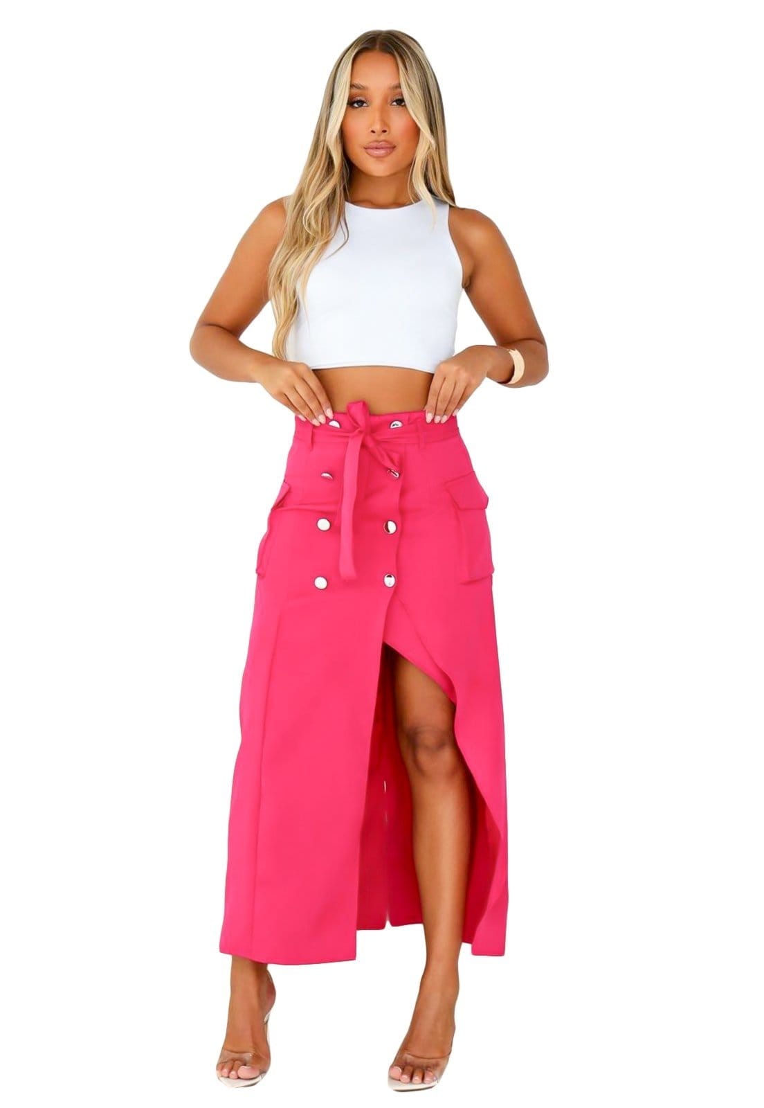 Vista principal Saia Midi YWC ind Alfaiataria Cargo Cós Alto Detalhe Bolso Com Botões frontais YWC ind pink