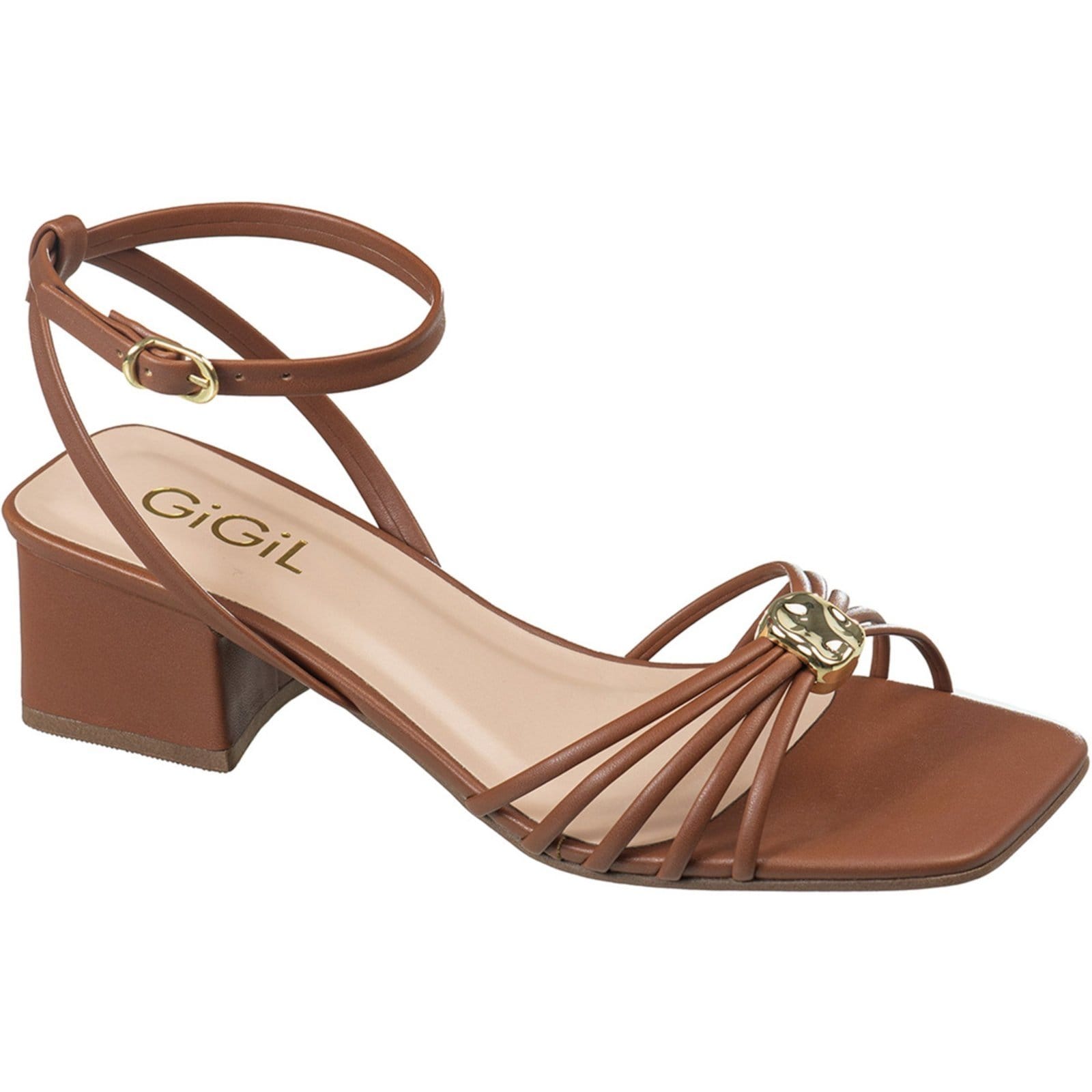 Sandália Feminina GiGiL Salto Bloco Médio Tiras Enfeite Metal Confortável Estilosa