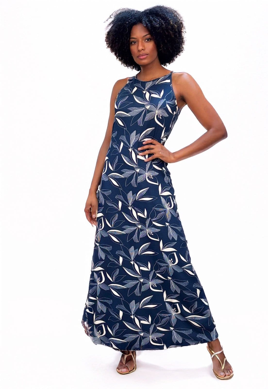 Vista principal Vestido Longo Cabanafree Malha Trapézio Estampa Hibisco Blue Cabanafree azul/estampado blue