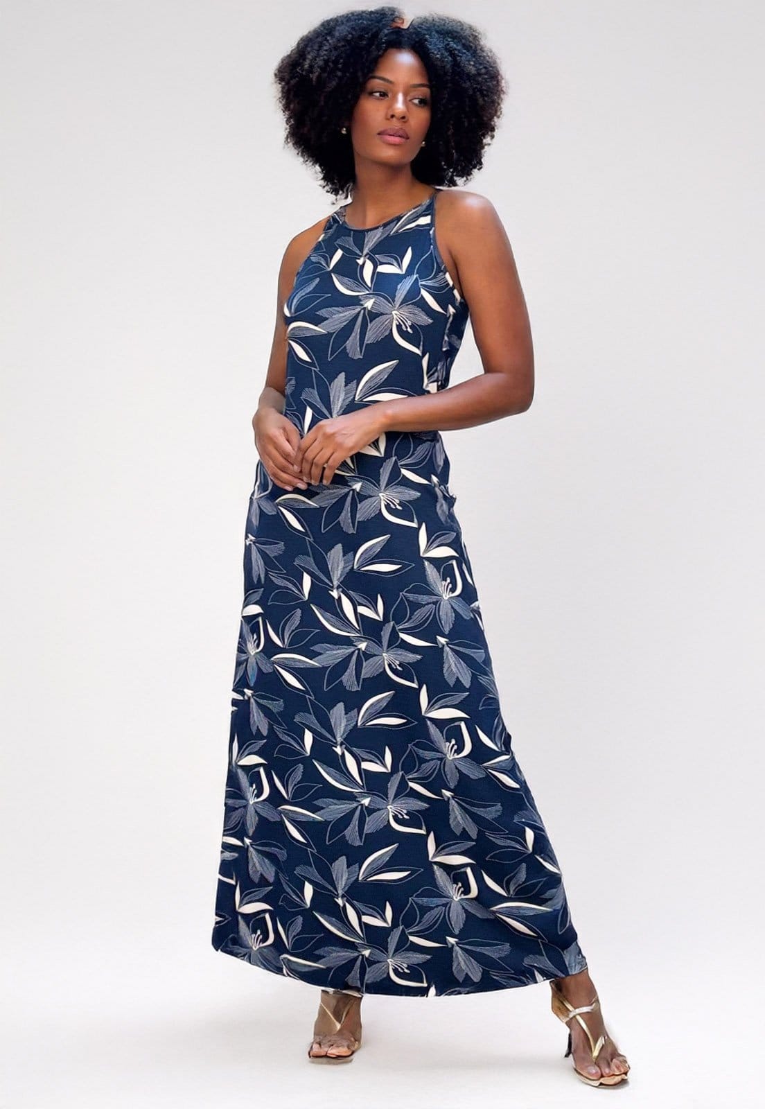 Vista 2 Vestido Longo Cabanafree Malha Trapézio Estampa Hibisco Blue Cabanafree azul/estampado blue