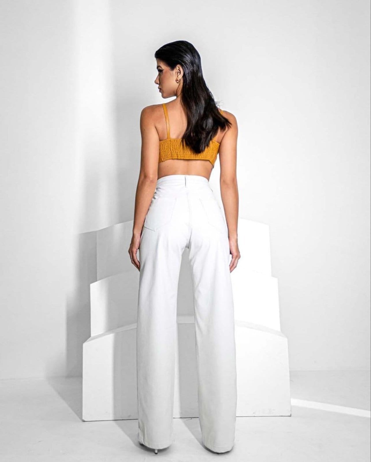Vista 2 Calça Tecido Sintético Wide Leg Feminina Cintura Alta 22738 Off White Consciência off-white white