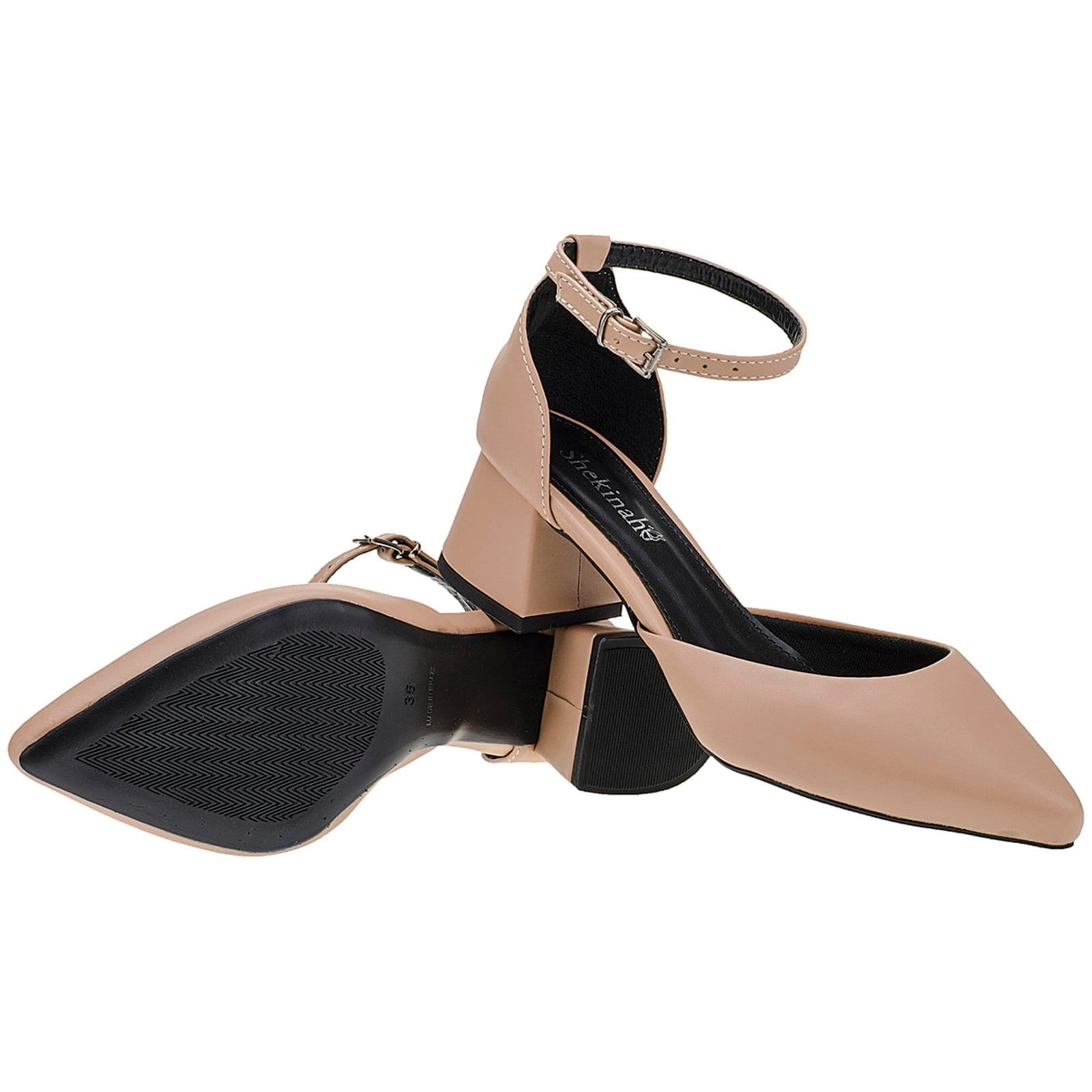 Vista principal Sapato Feminino Scarpin Bico Fino Salto Bloco Grosso Saia e Blusa Salomé Shekinah Tendência Shekinah nude