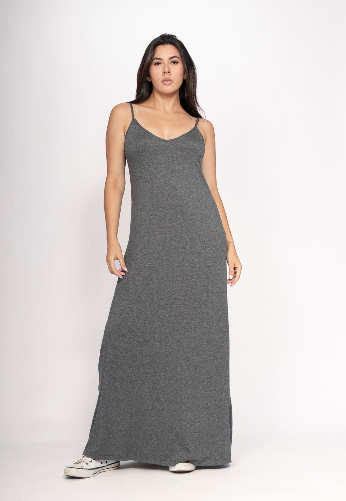 Vista principal Vestido CabanaFree Guaíra Longo Malha Alça Fina Mescla Cabanafree cinza