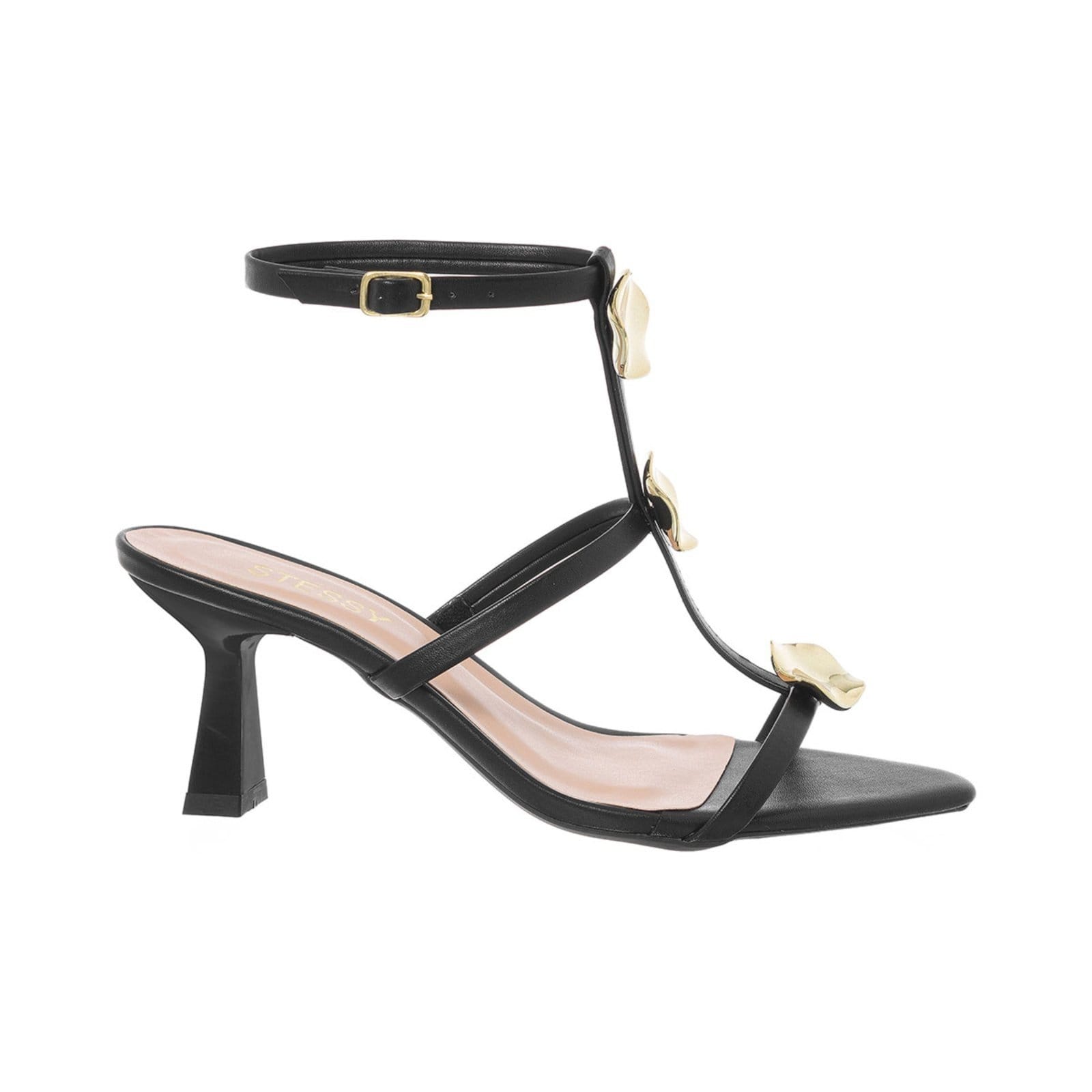 Sandália Feminina Stessy Bico Folha Salto Taça Cromado Enfeite Orgânico