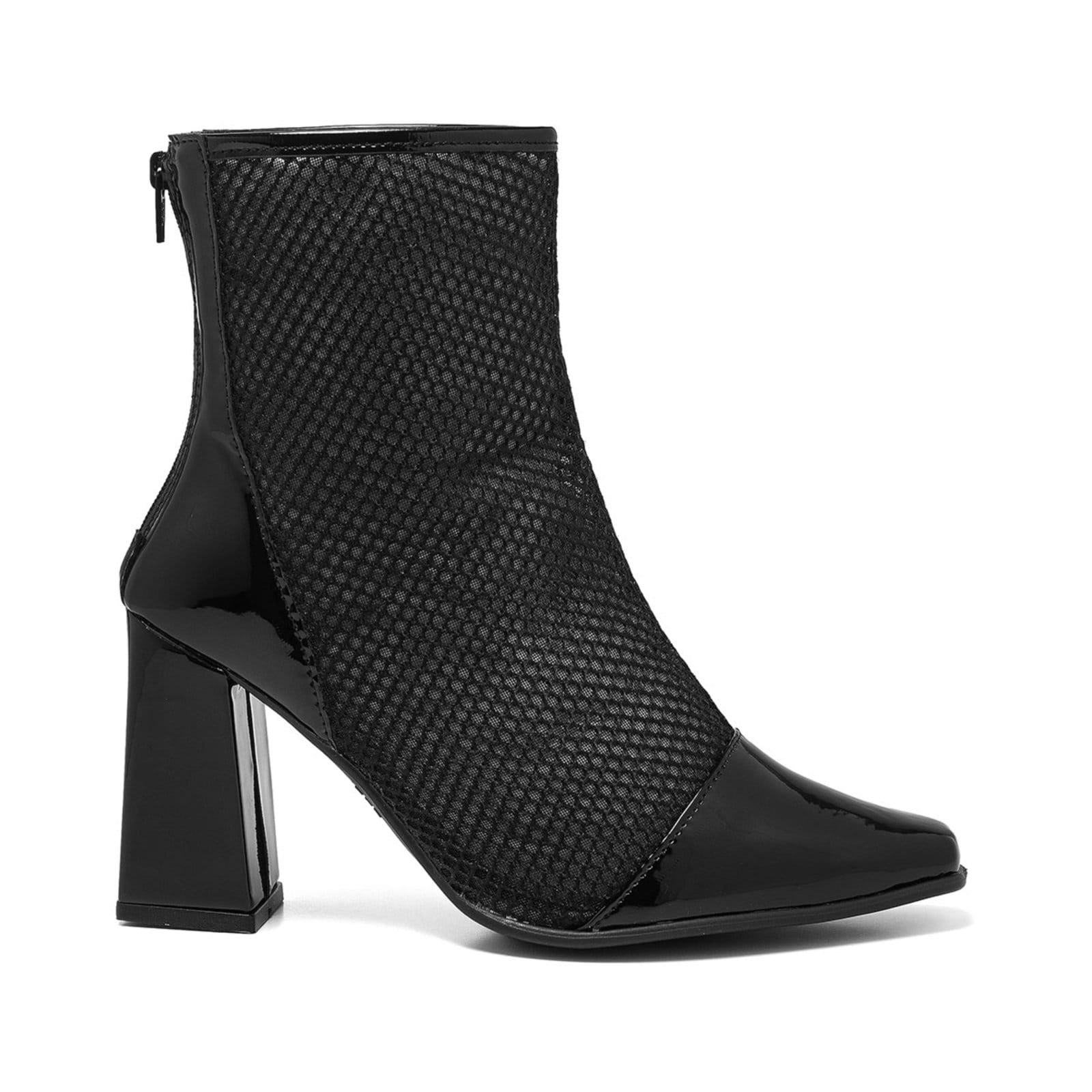 Bota Feminina Stessy Shoes Tela Cano Curto Bico Quadrado Confortável Verniz