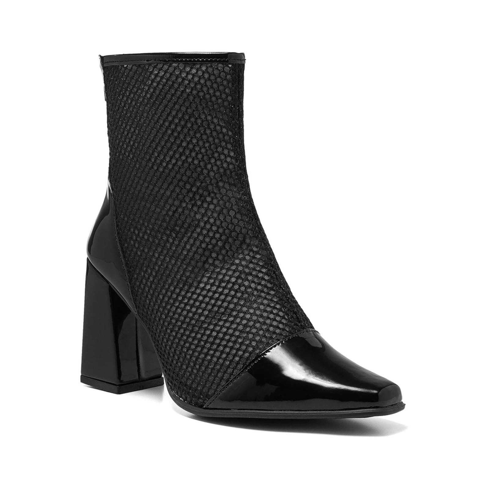 Vista 2 Bota Feminina Stessy Shoes Tela Cano Curto Bico Quadrado Confortável Verniz Stessy Shoes preto