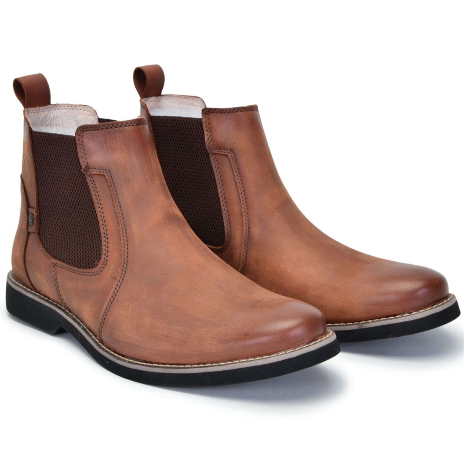 Vista 2 Botina Chelsea Masculina Ferrile Em Couro Rústico Havana Forro De Couro 22023 Ferrile café