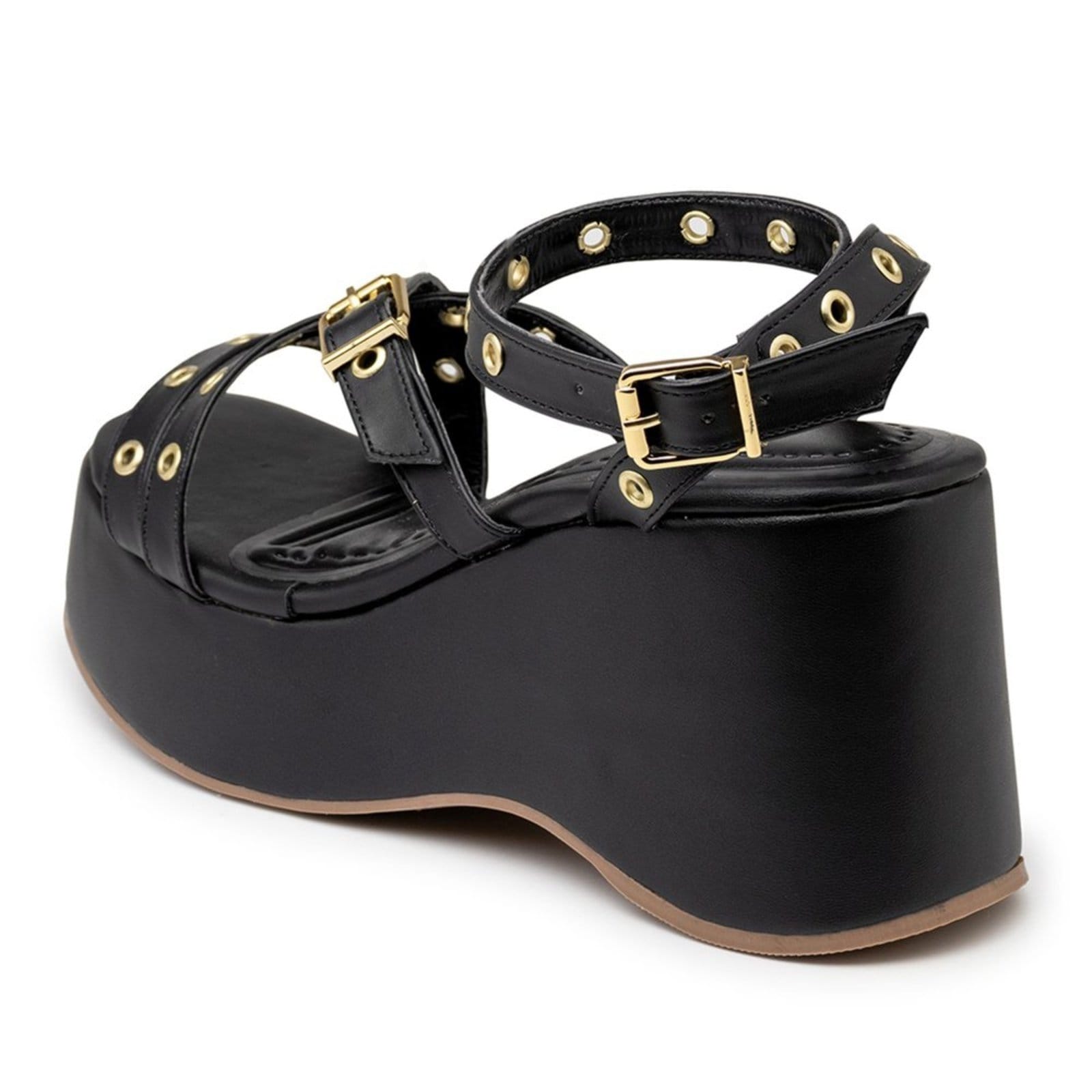 Vista 2 Sandália Feminina Anabela Plataforma Tiras Ilhós 9100 Napa Dalya Flor da Pele preto