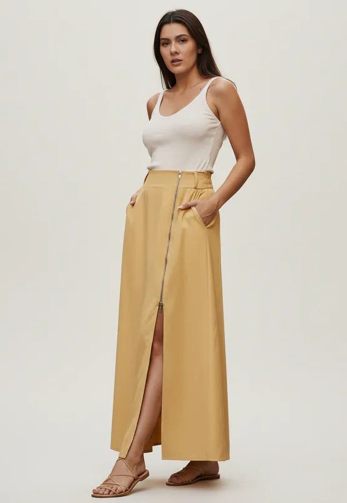 Vista principal Saia Cabanafree Midi com Zíper Dijon Cabanafree amarelo