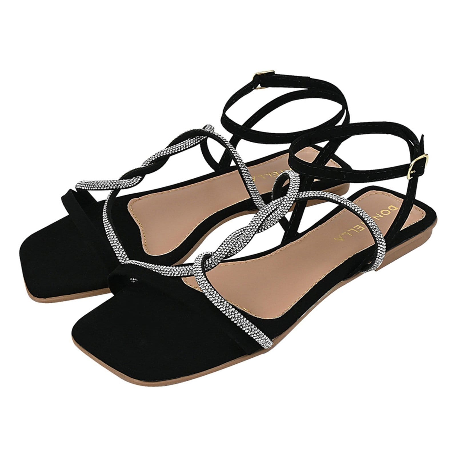 Vista principal Sandália Rasteira Feminina Donatella Bico Quadrado Brilho Strass Trança Novo Camurça Monte Shoes preto