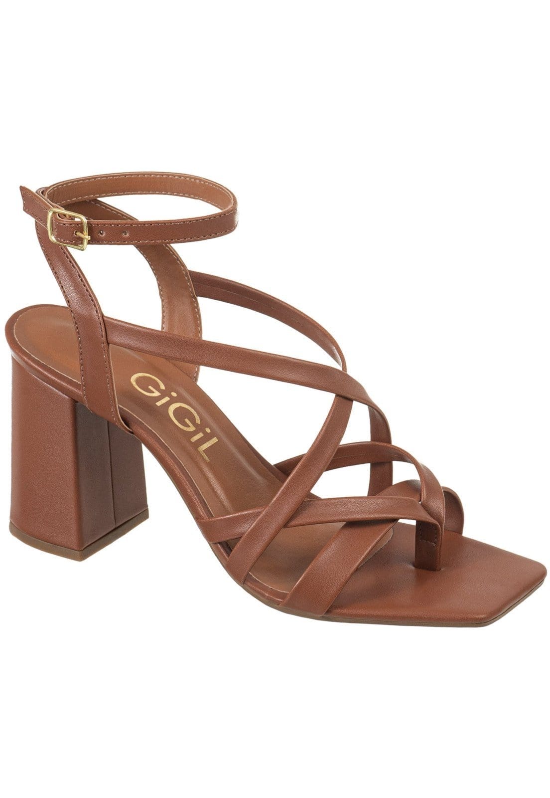 Vista 2 Sandália Feminina GiGiL Salto Alto Bloco Bico Quadrado Tiras Cruzadas Fivela Casual Gigil caramelo