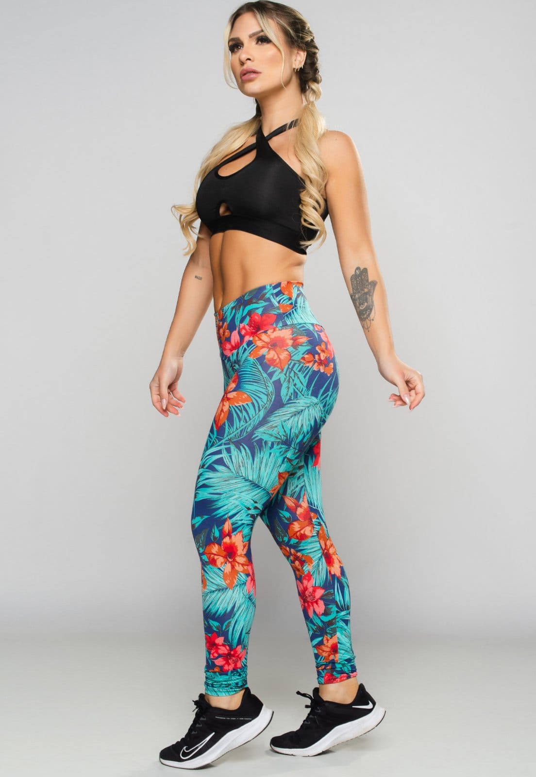Vista principal Calça Legging MVB Modas Empina Bumbum Suplex Estampada Amazônia Mvb Modas azul/estampado/multicolorido/verde