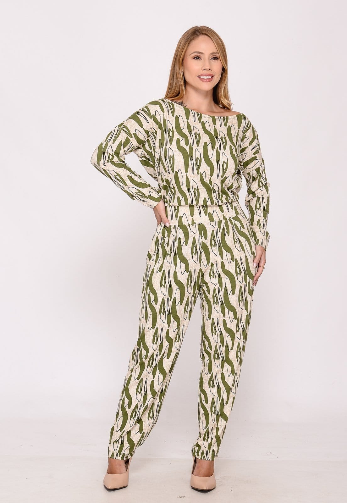 Macacão M/L Decote Canoa BBonnie Maitê Estampa Estampado