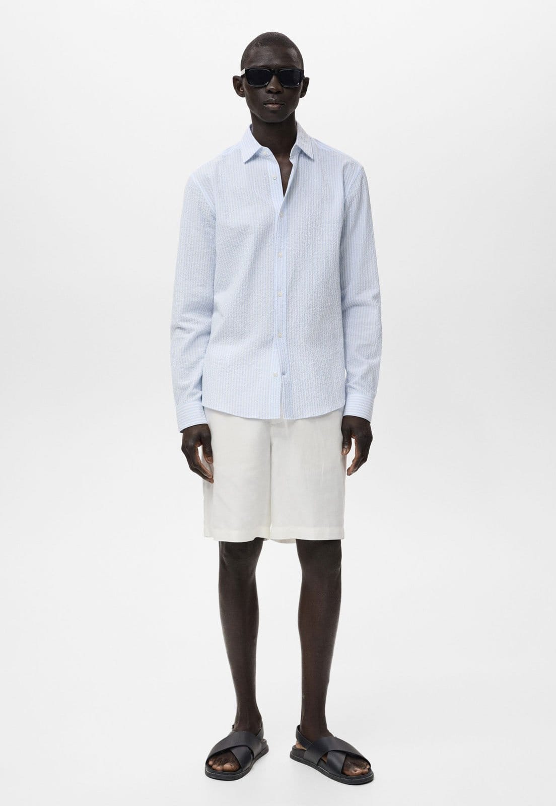 Vista 2 Camisa Masculina Mango Kissos Listrada Claro Mango azul