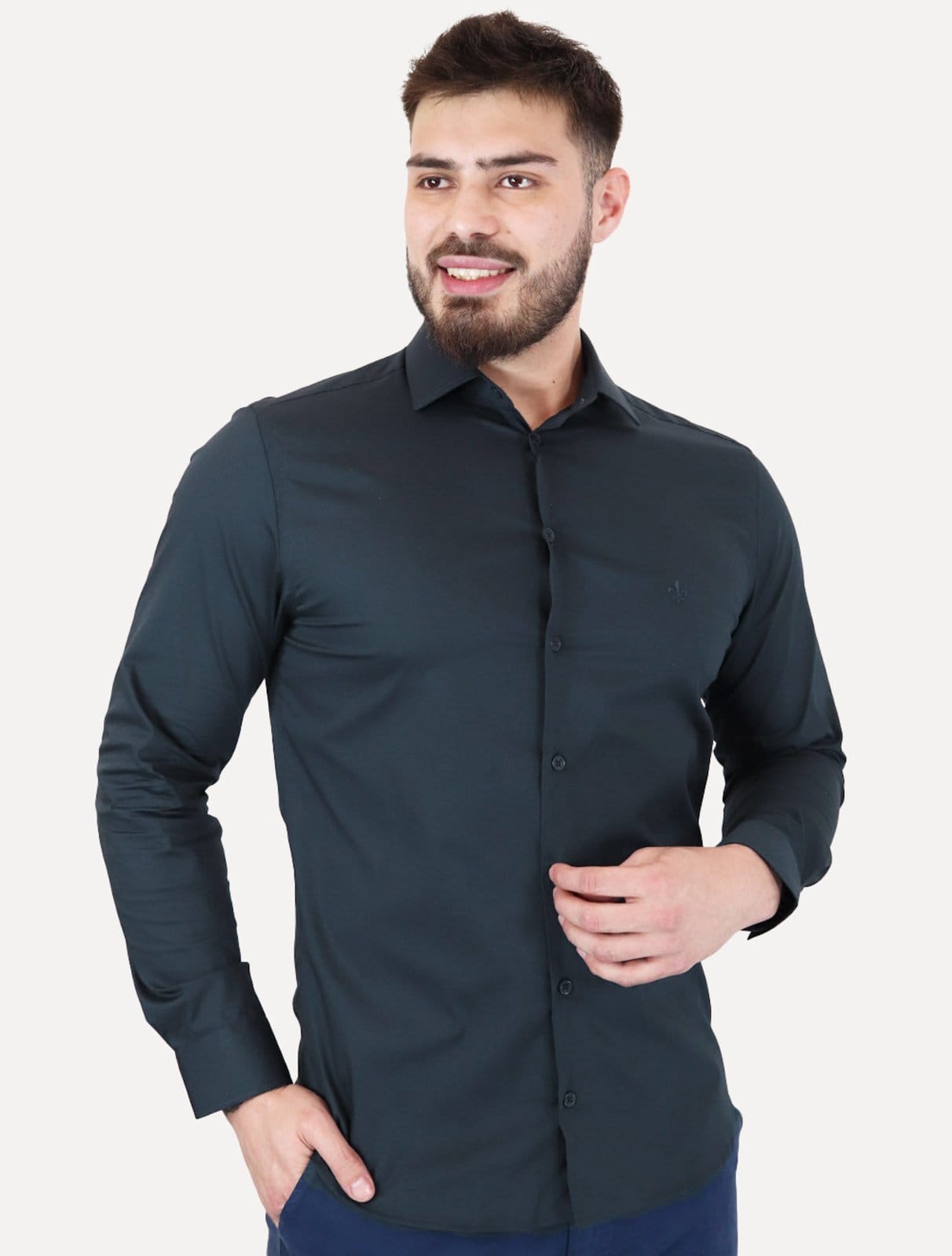 Vista principal Camisa Dudalina Masculina Milano Tricoline Lisa Stretch Dudalina azul marinho