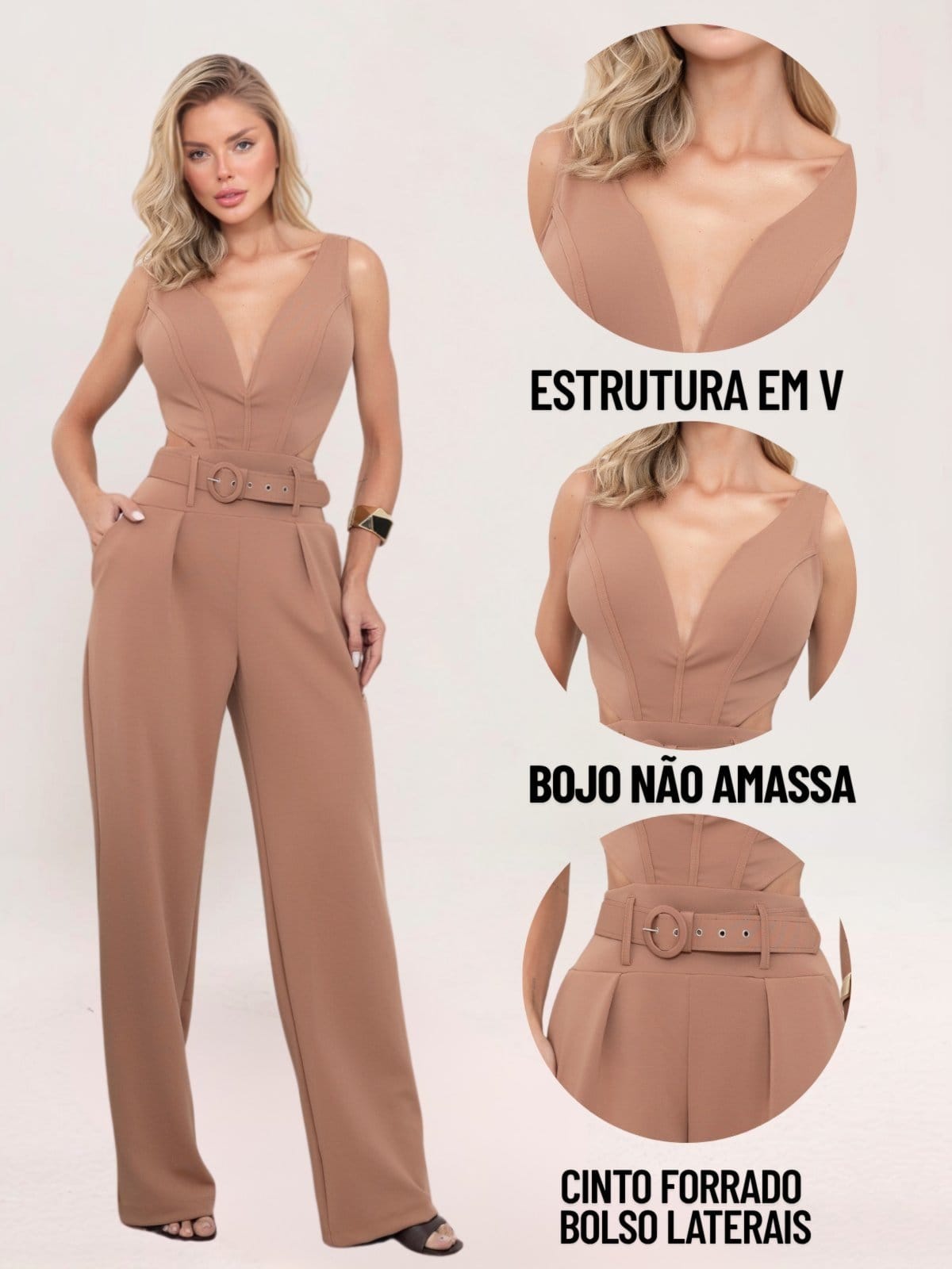 Vista 2 Macacão Feminino Longo Tropical Fashion com Bojo e Cinto MOCHA TROPICAL FASHION marrom