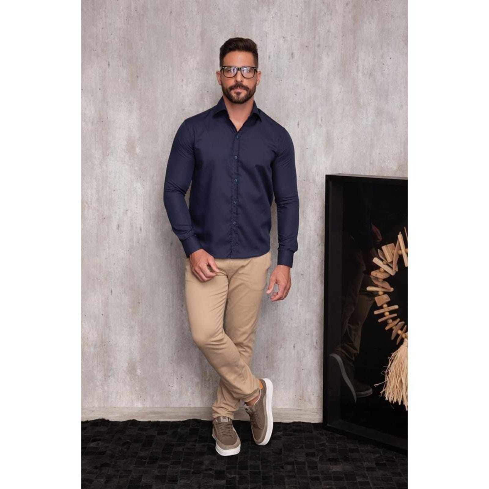 Vista 2 Camisa Social Masculina Slim Manga Longa Lisa Não Amassa Amarelo G TEODORO CAMISARIA azul marinho