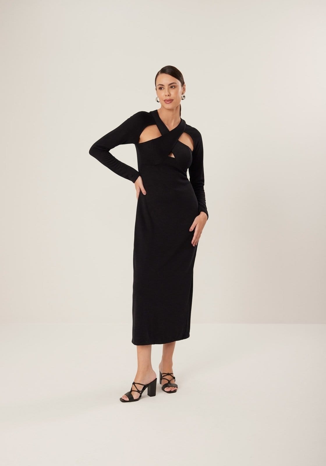 Vista principal Vestido Lez a Lez Midi Chá De Mangas Longas Com Recortes Frontais Lez a Lez poás