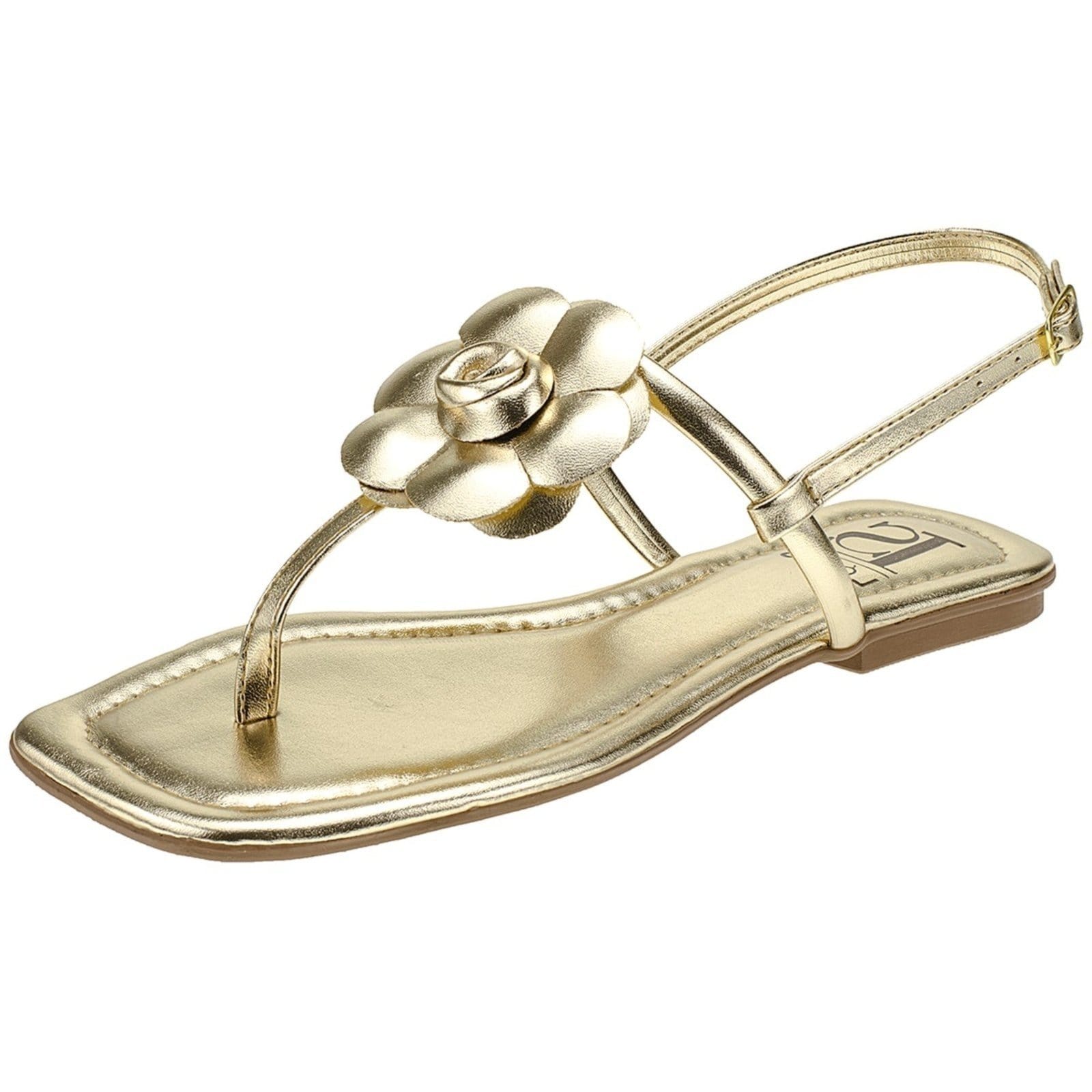 Vista 2 Sandália de Flor Metalizada Mega Confortável com Traseiro Ajustável Saltinho Baixo Rasteira 033-100 Ouro LÓRIS SHOES dourado