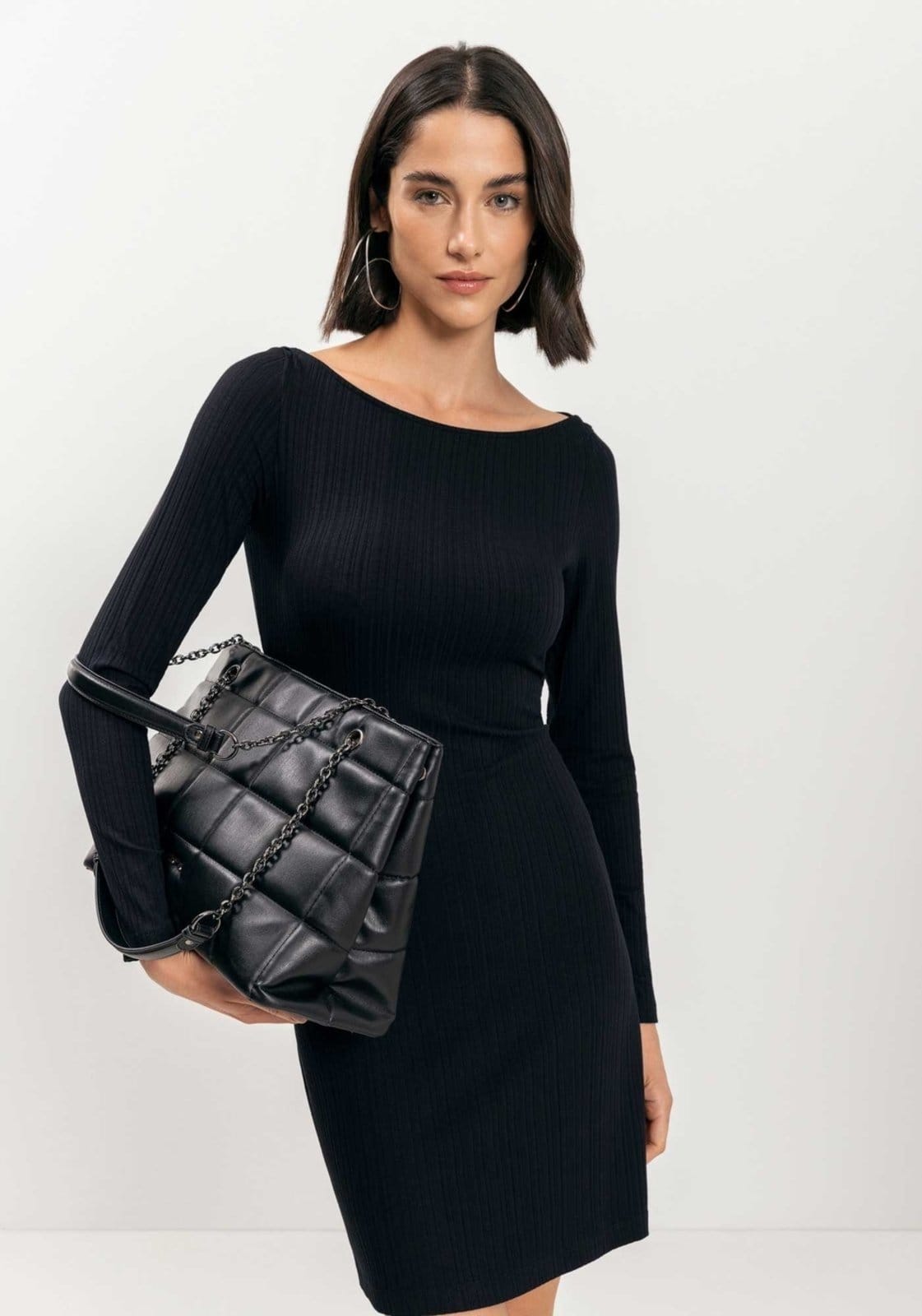 Vista 2 Vestido Curto Canelado Com Mangas Longas E Decote Canoa Lez a Lez laranja