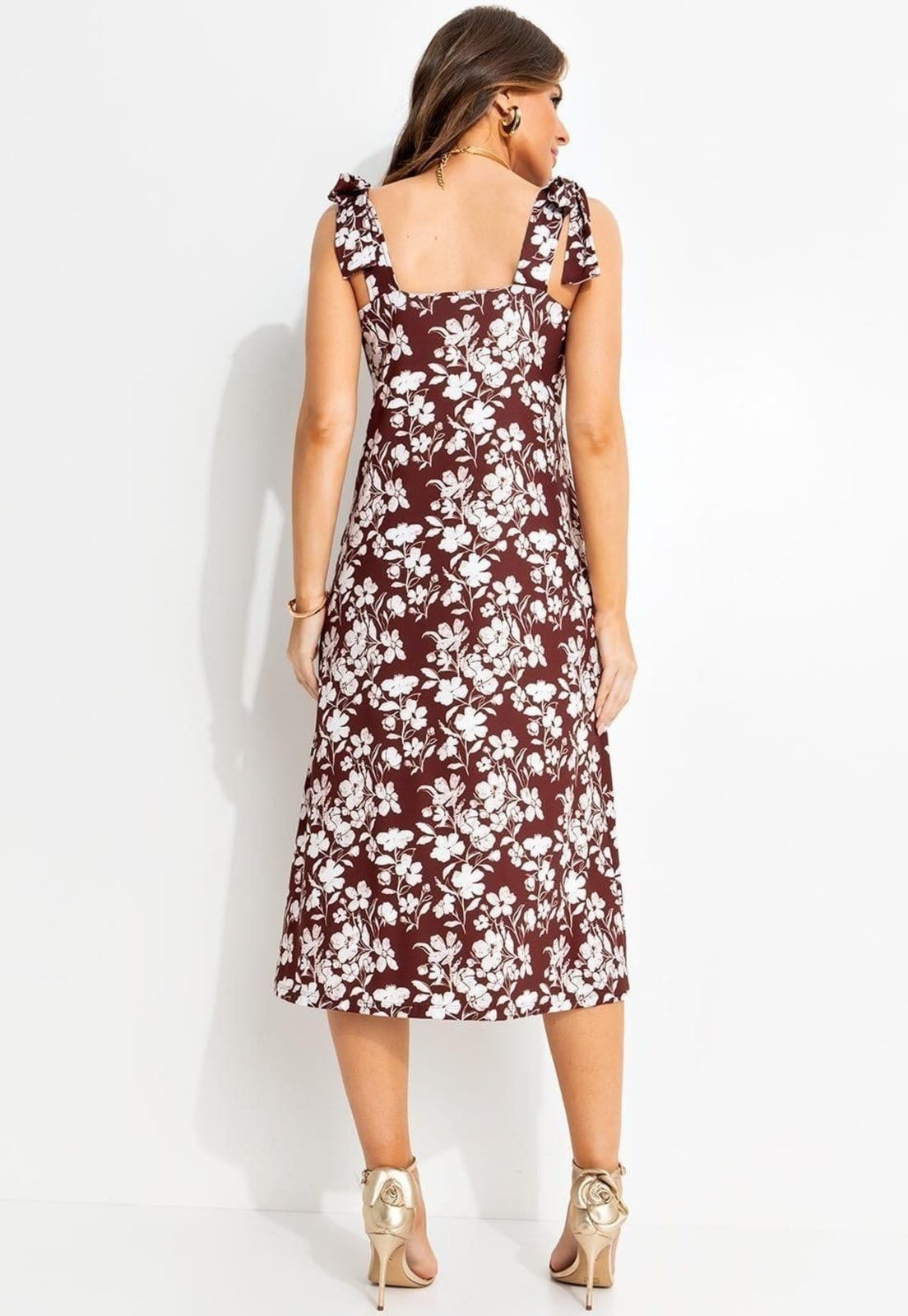 Vista 2 Vestido Em Malha Fria Floral Pincelado Quintess marrom