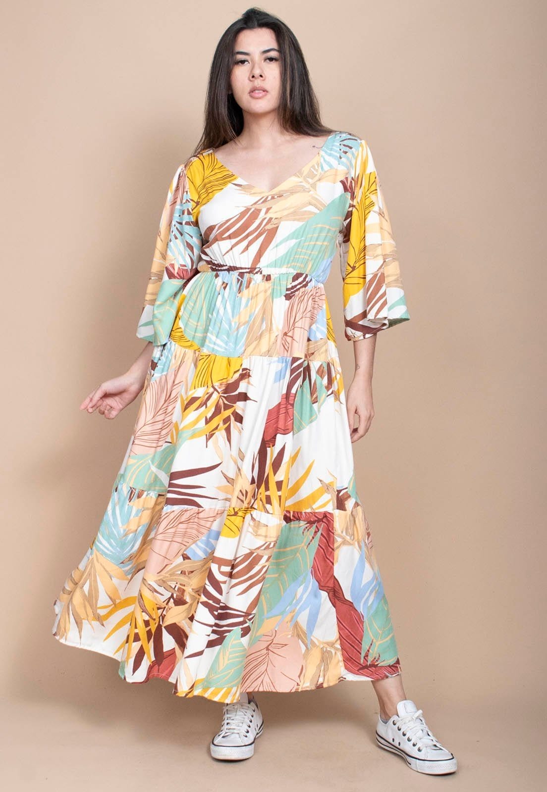 Vista 2 Vestido Longo Cabanafree Plano com Manga e Camadas Estampa Aurora Suave Cabanafree amarelo/azul/estampado/off-white/verde