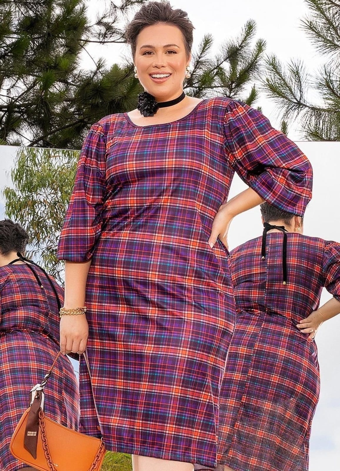 Vista principal Vestido Em Jersey Acetinado Xadrez Vibrante Marguerite roxo