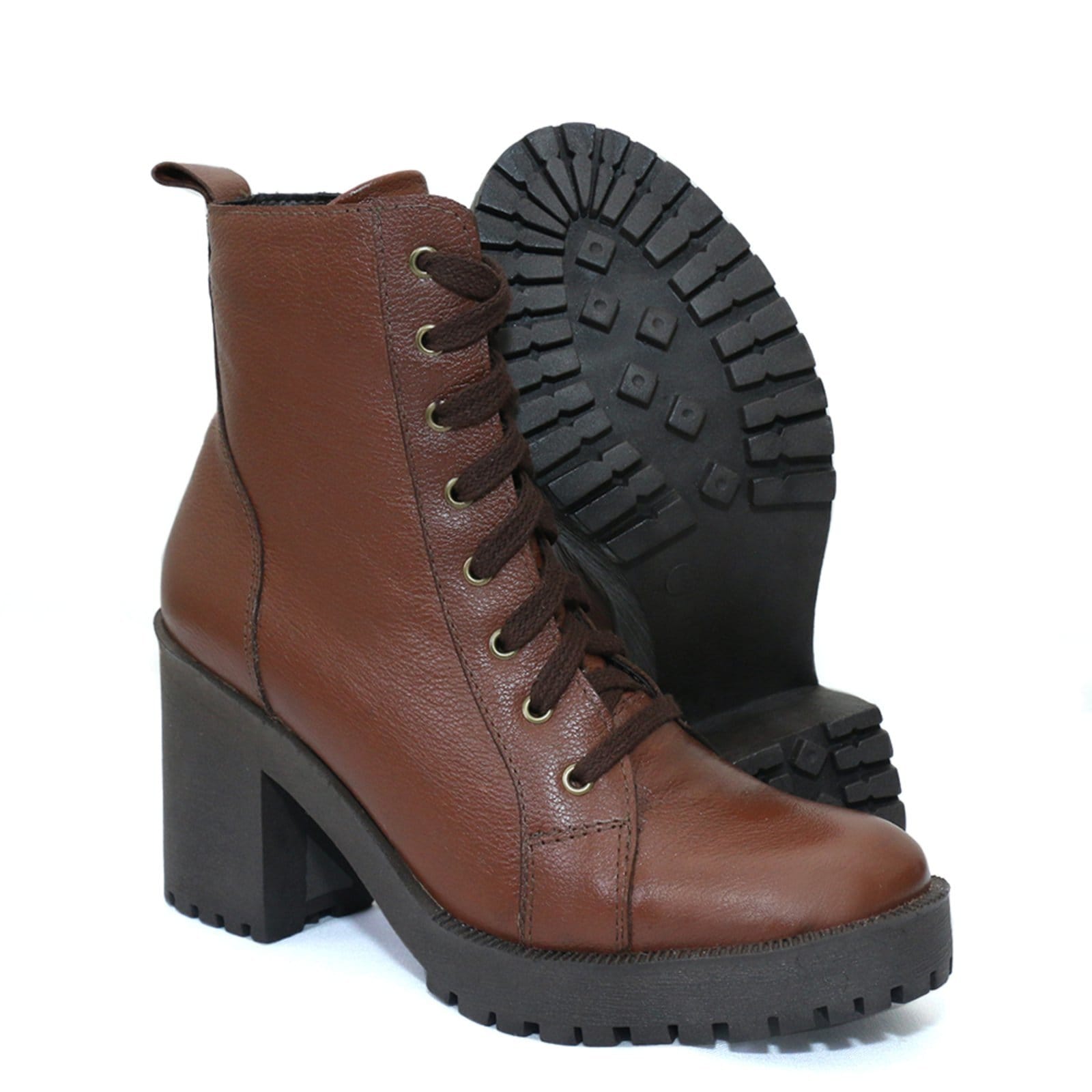 Vista 2 Bota Coturno Feminino Tratorado Couro Conhaque TELLINI STORE caramelo