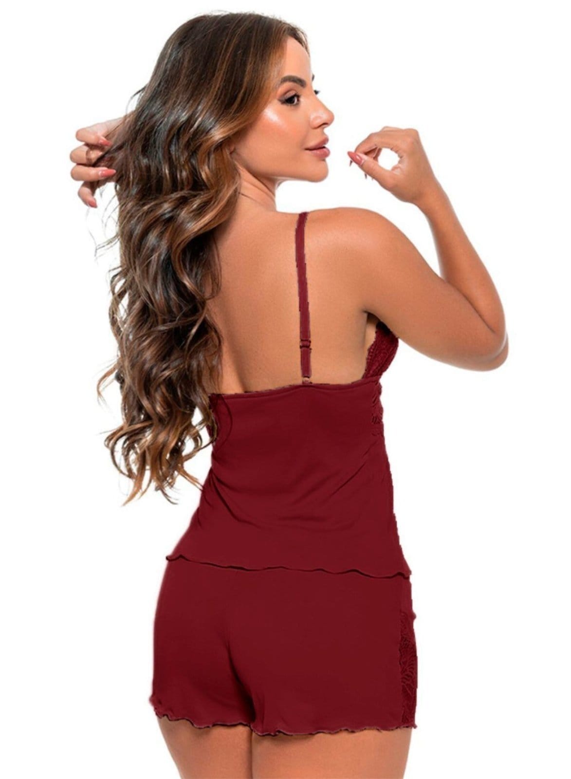 Vista 2 Baby Doll Gabi Lingerie Sensual Sem Bojo Microfibra Rendada Sexy Gabi Lingerie bordô/vinho