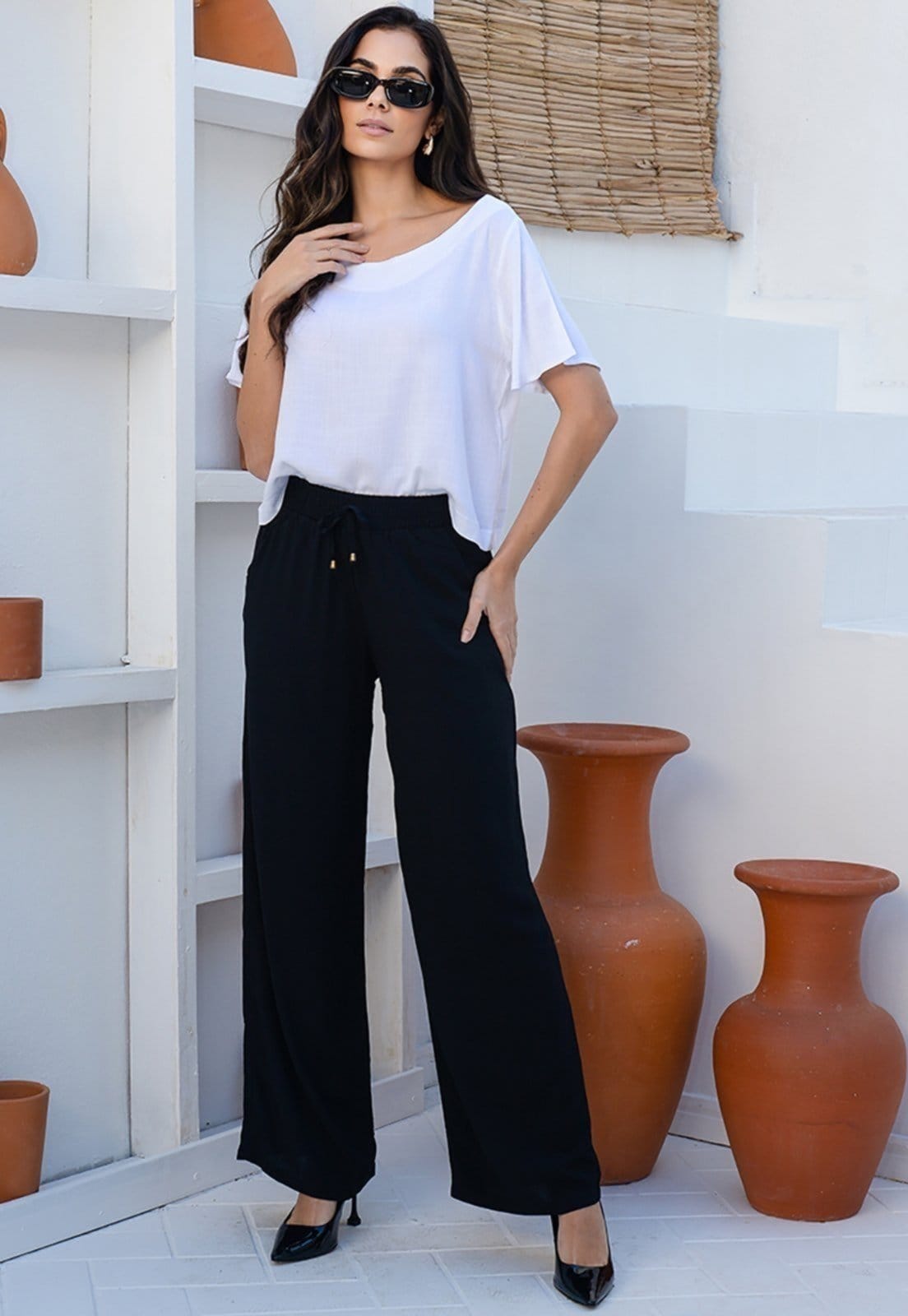 Vista principal Calça Pantalona em Viscose B’Bonnie Manu BBonnie preto