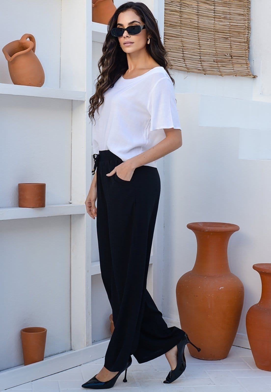 Vista 2 Calça Pantalona em Viscose B’Bonnie Manu BBonnie preto