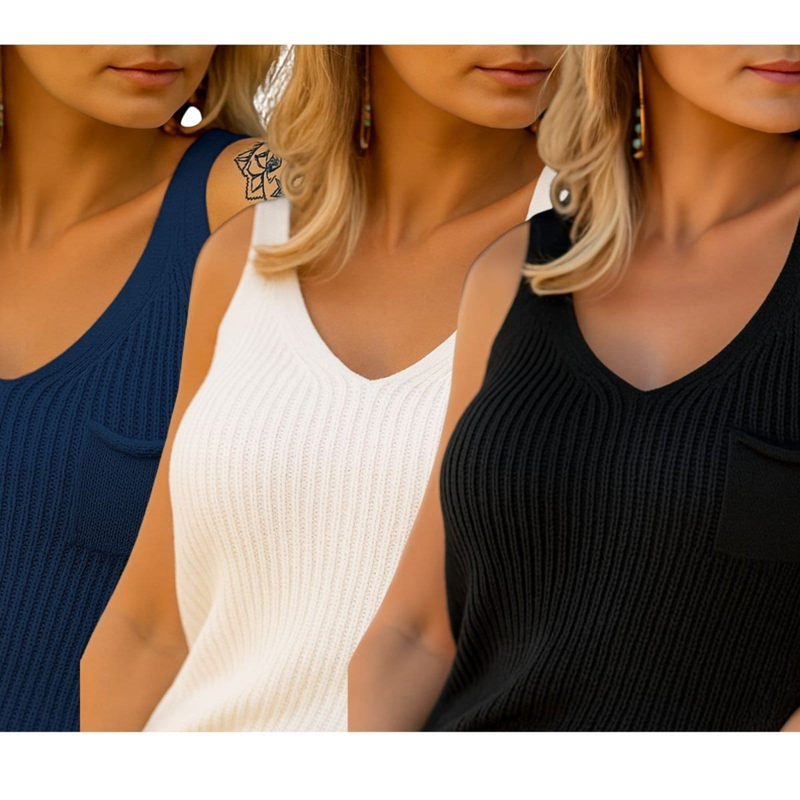 Kit 3 Regatas FMF Moda Feminina em Tricô Bolsinho